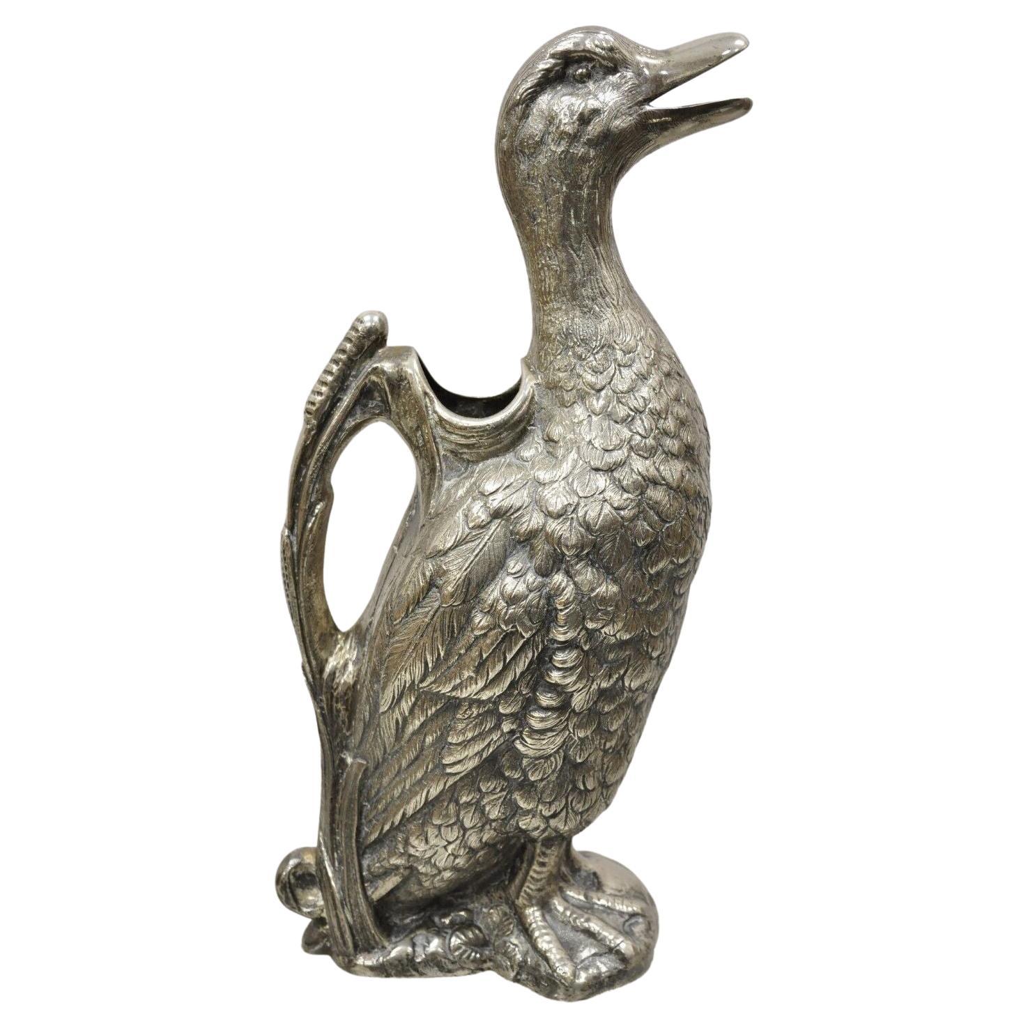 Vintage Alpaka Ente Stockente Figural Versilbertes Wasser Krug Karaffe