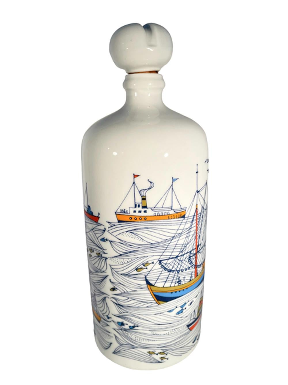 Mid-Century Modern porcelain decanter made in Western Germany and decorated in colored enamels with birds flying over various pleasure and work boats in a harbor scene, porcelain ball top with cork stopper.