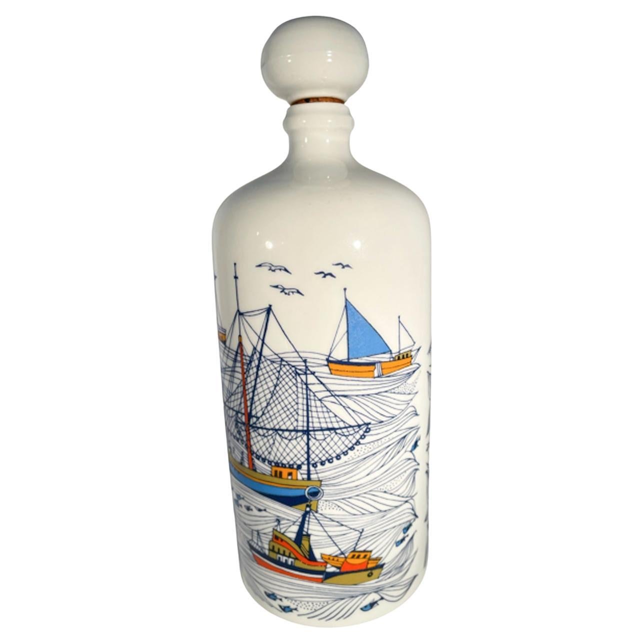 Vintage Altenkunstadt Porcelain Decanter, Polychrome Boats in a Harbor In Good Condition In Nantucket, MA