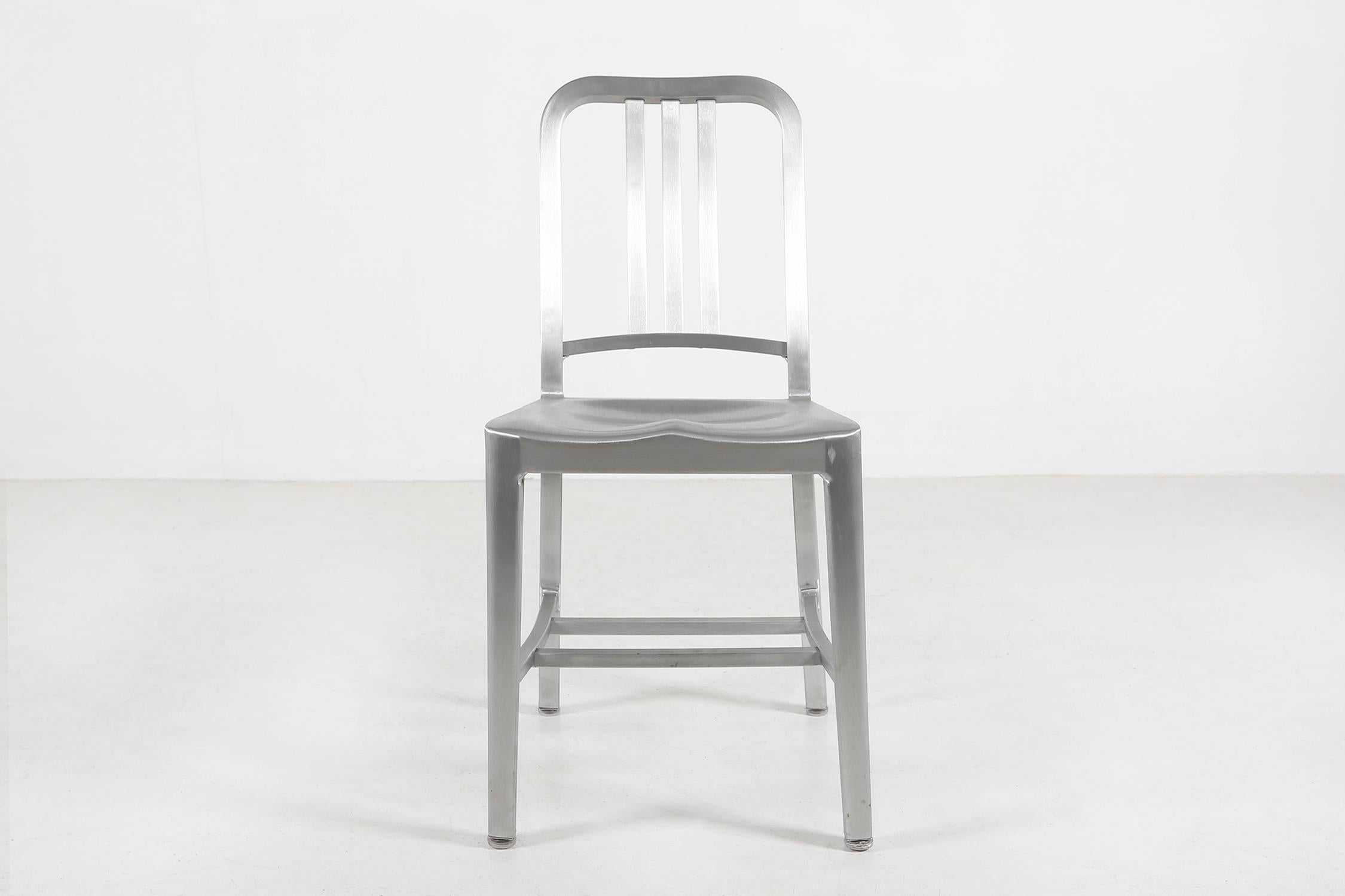 Vintage aluminum Emeco Navy chair in good condition

USA / 1944 / chair / Navy / Emeco / aluminum / Mid-century / Vintage / Industrial

Iconic design chair “Navy” for Emeco. Designed for use on submarines in 1944, the Navy Chair has been in