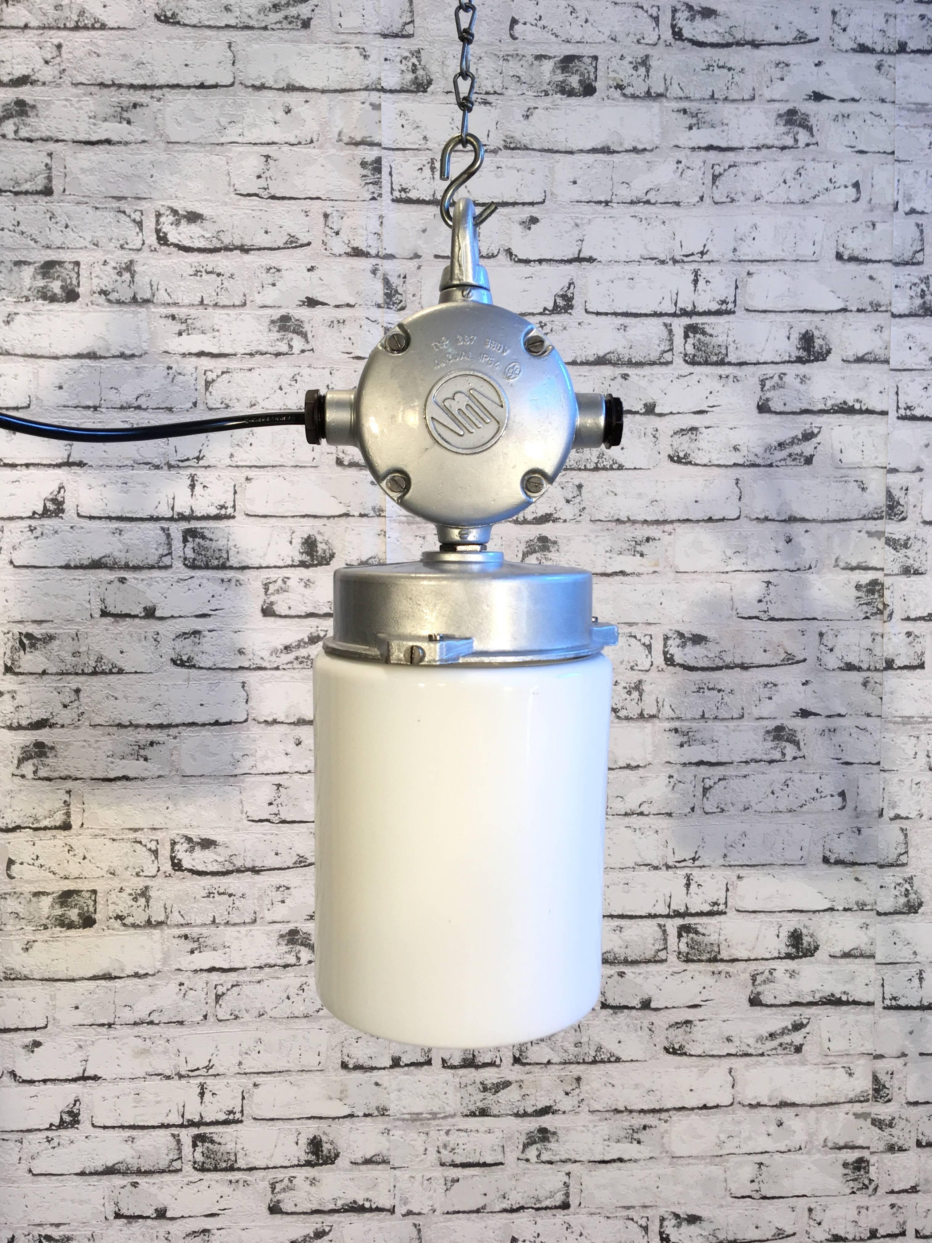 Cast Vintage Aluminium Industrial Lamp with Milk Glass, 1970s
