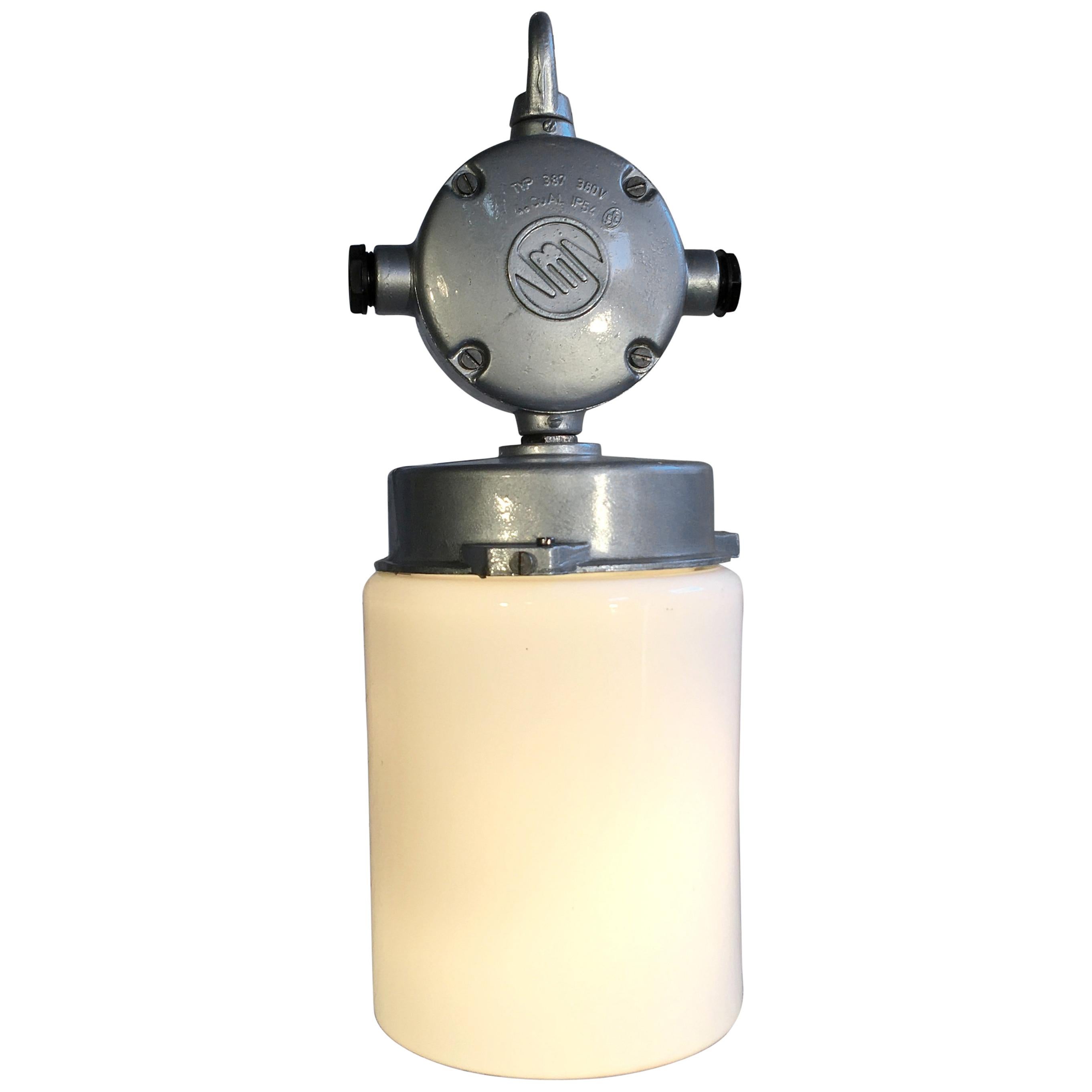 Vintage Aluminium Industrial Lamp with Milk Glass, 1970s