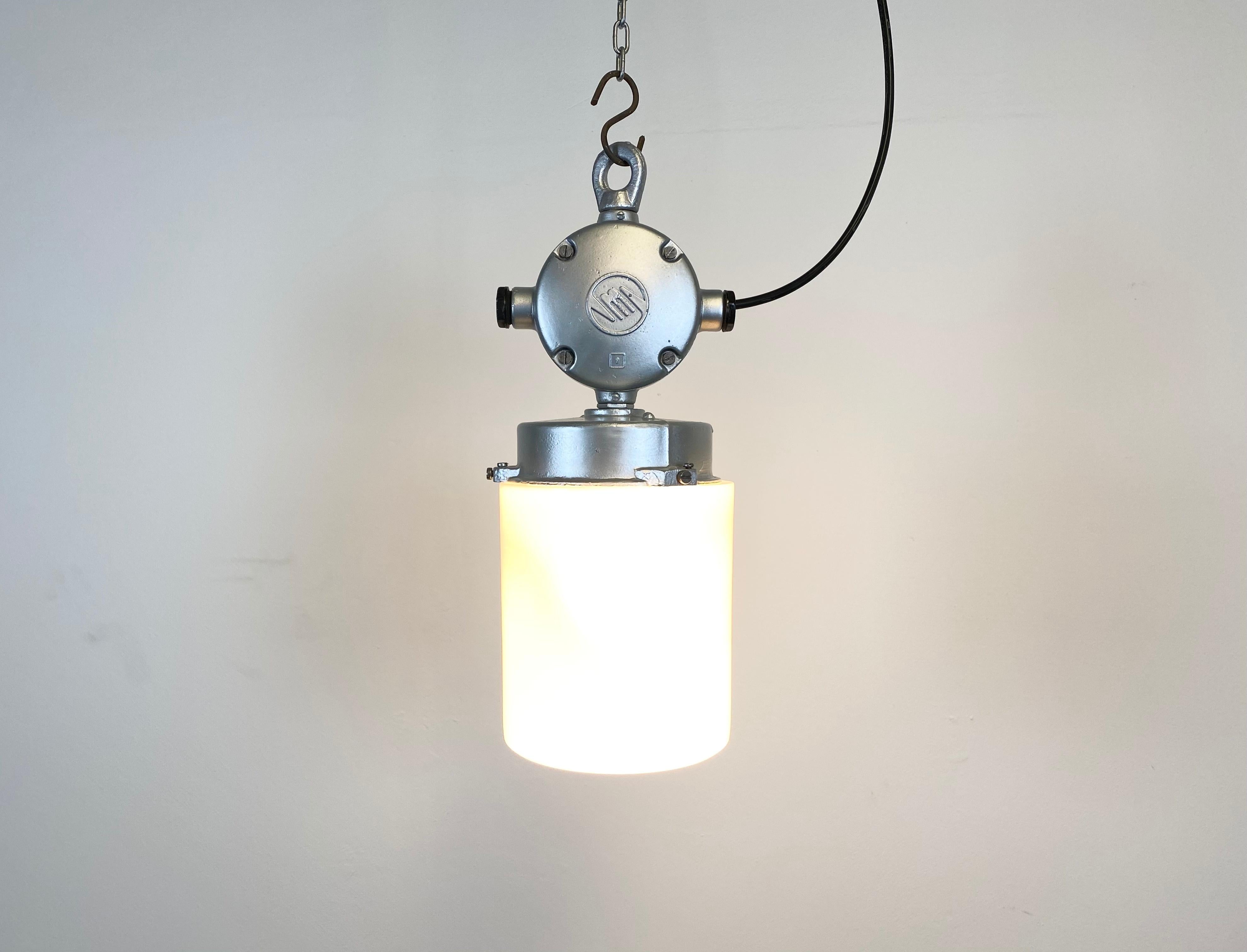 20th Century Vintage Aluminium Industrial Lamp with Milk Glass, 1970s For Sale