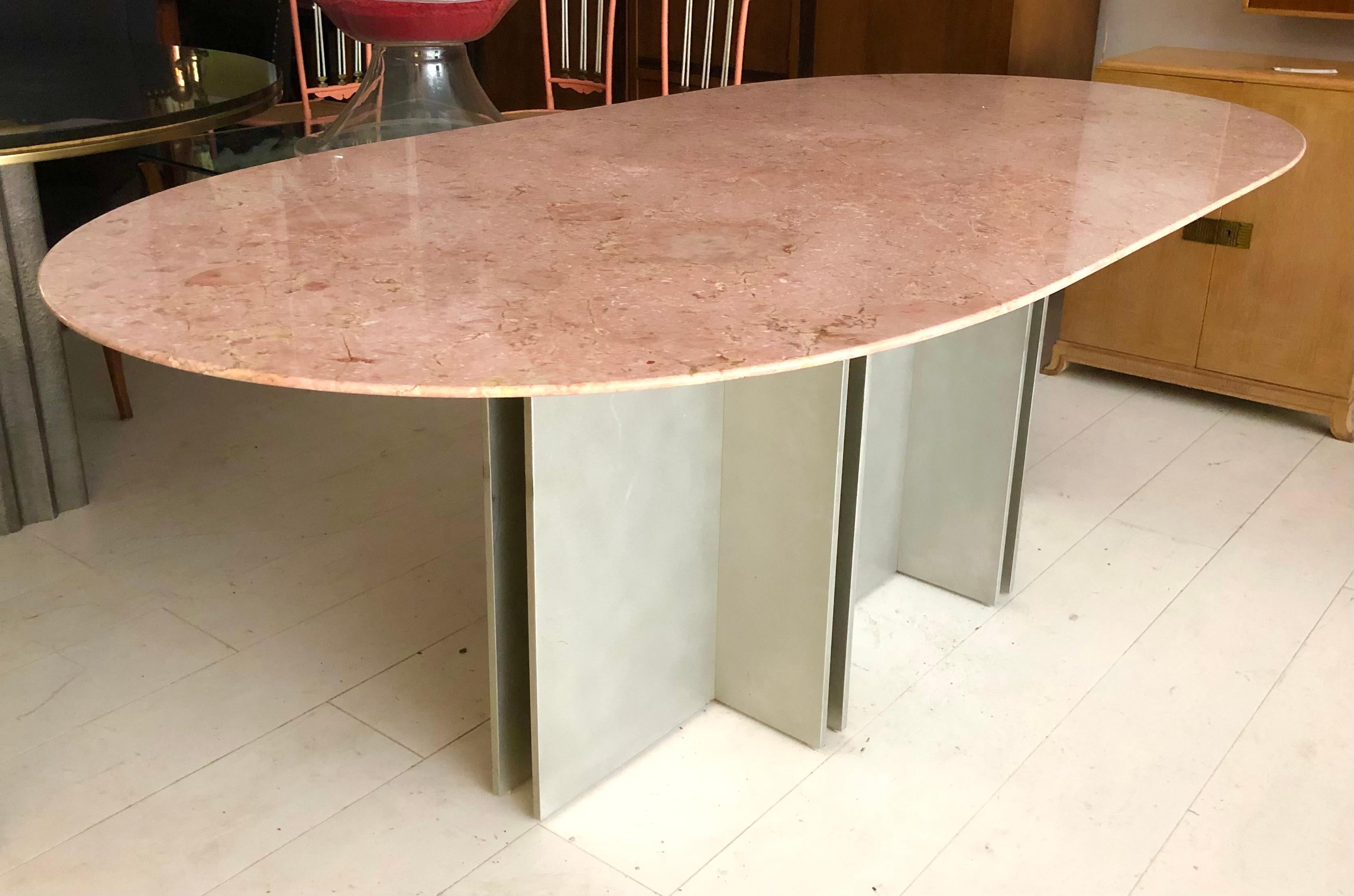 Mid-Century Modern Vintage Aluminum and Rosa Breccia Marble Dining Table