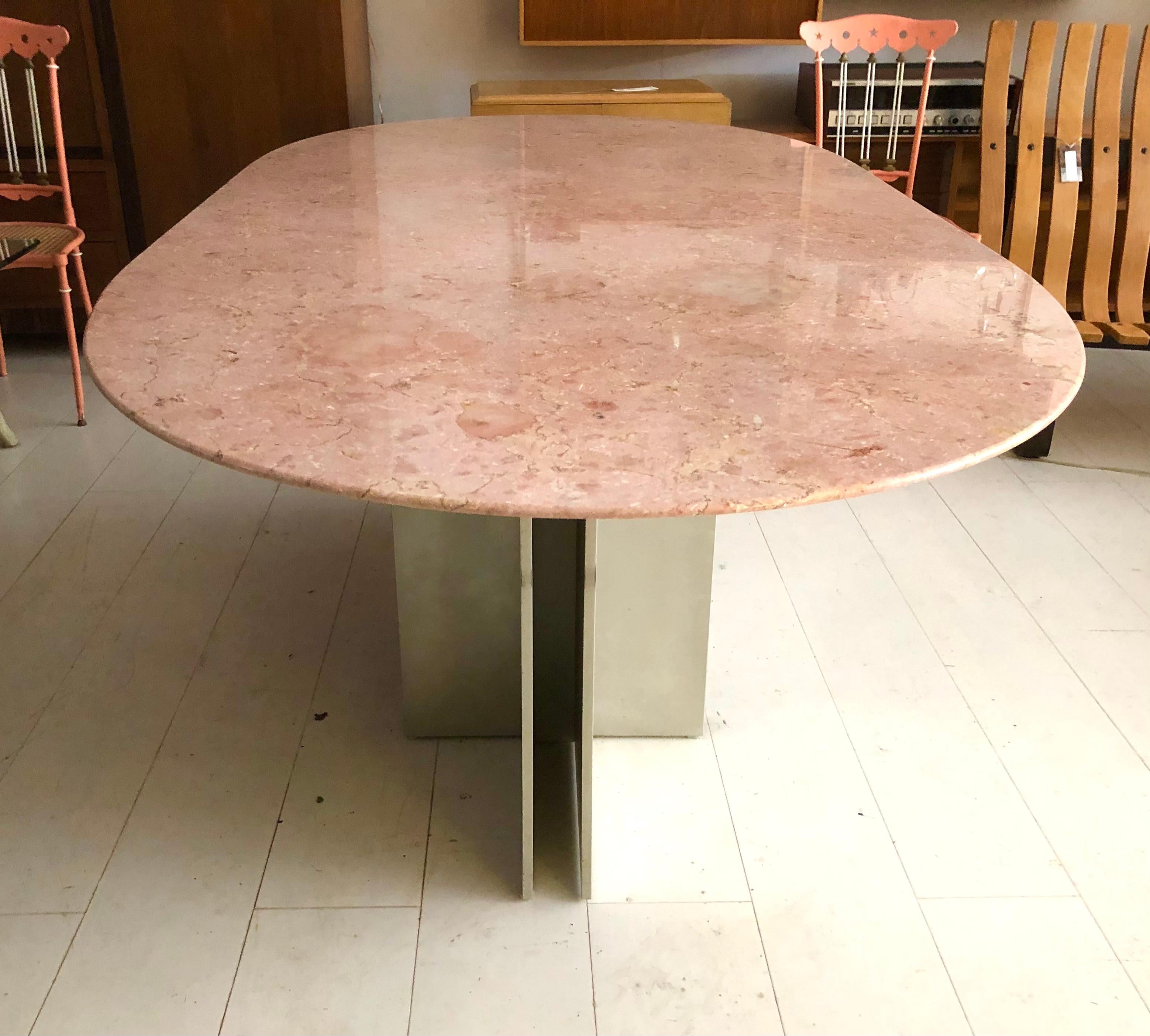 Mid-Century Modern Vintage Aluminum and Rosa Breccia Marble Dining Table For Sale