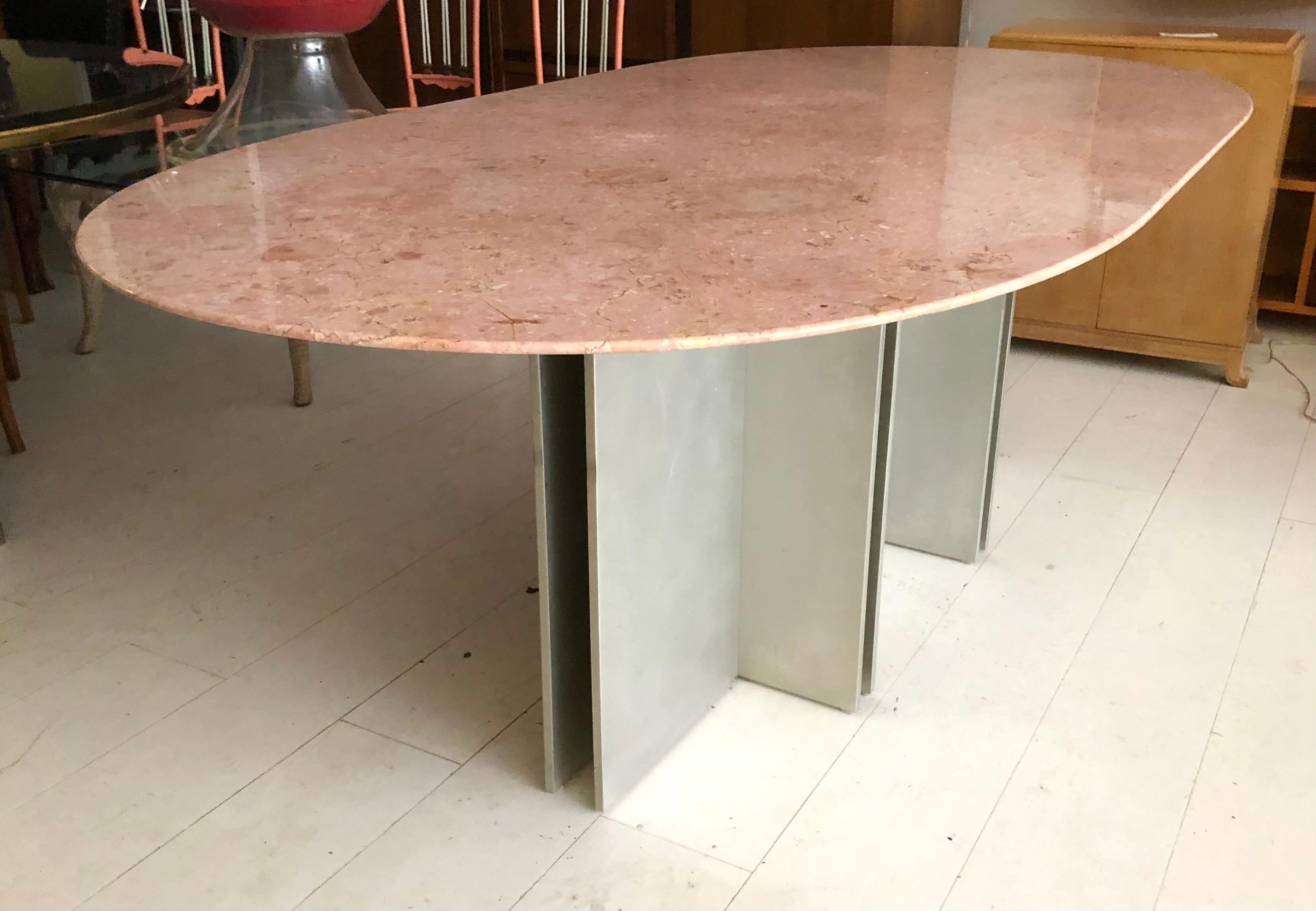 Italian Vintage Aluminum and Rosa Breccia Marble Dining Table For Sale