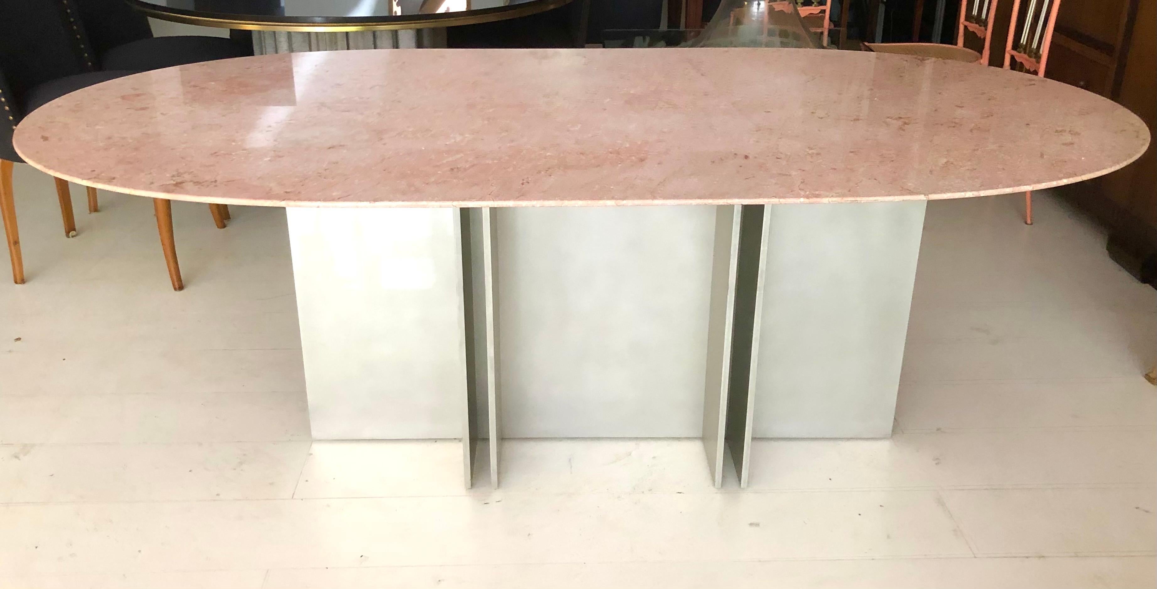 Late 20th Century Vintage Aluminum and Rosa Breccia Marble Dining Table