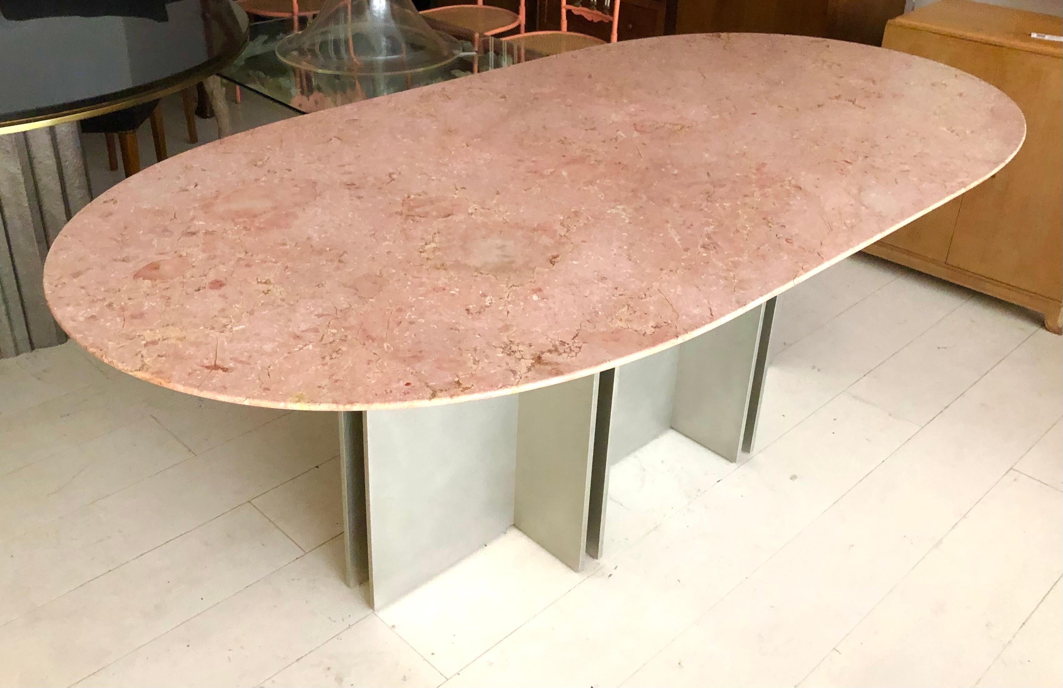 Vintage Aluminum and Rosa Breccia Marble Dining Table For Sale 1