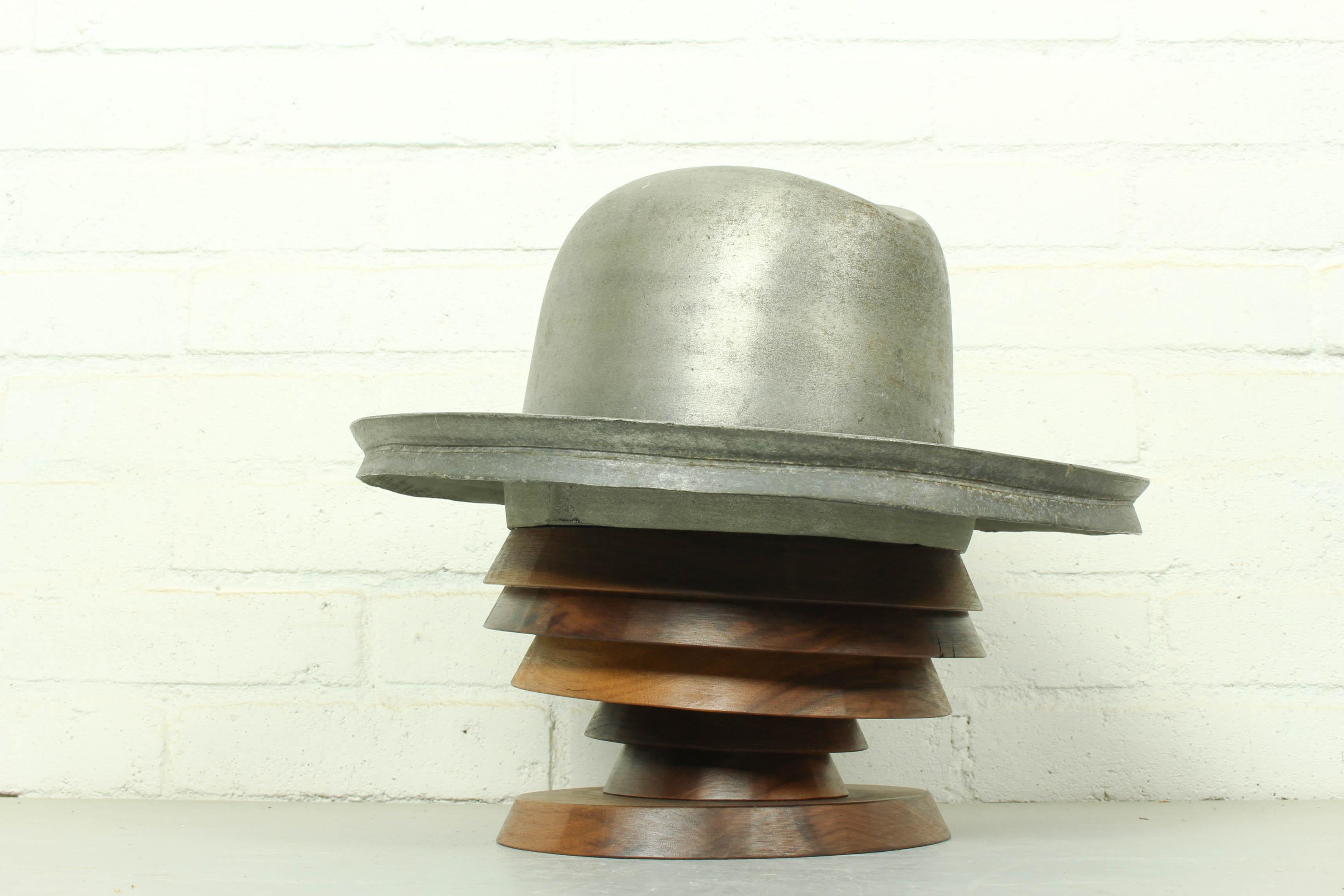 Vintage aluminum hat block mold form, circa mid-20th century. With new American nut stand.