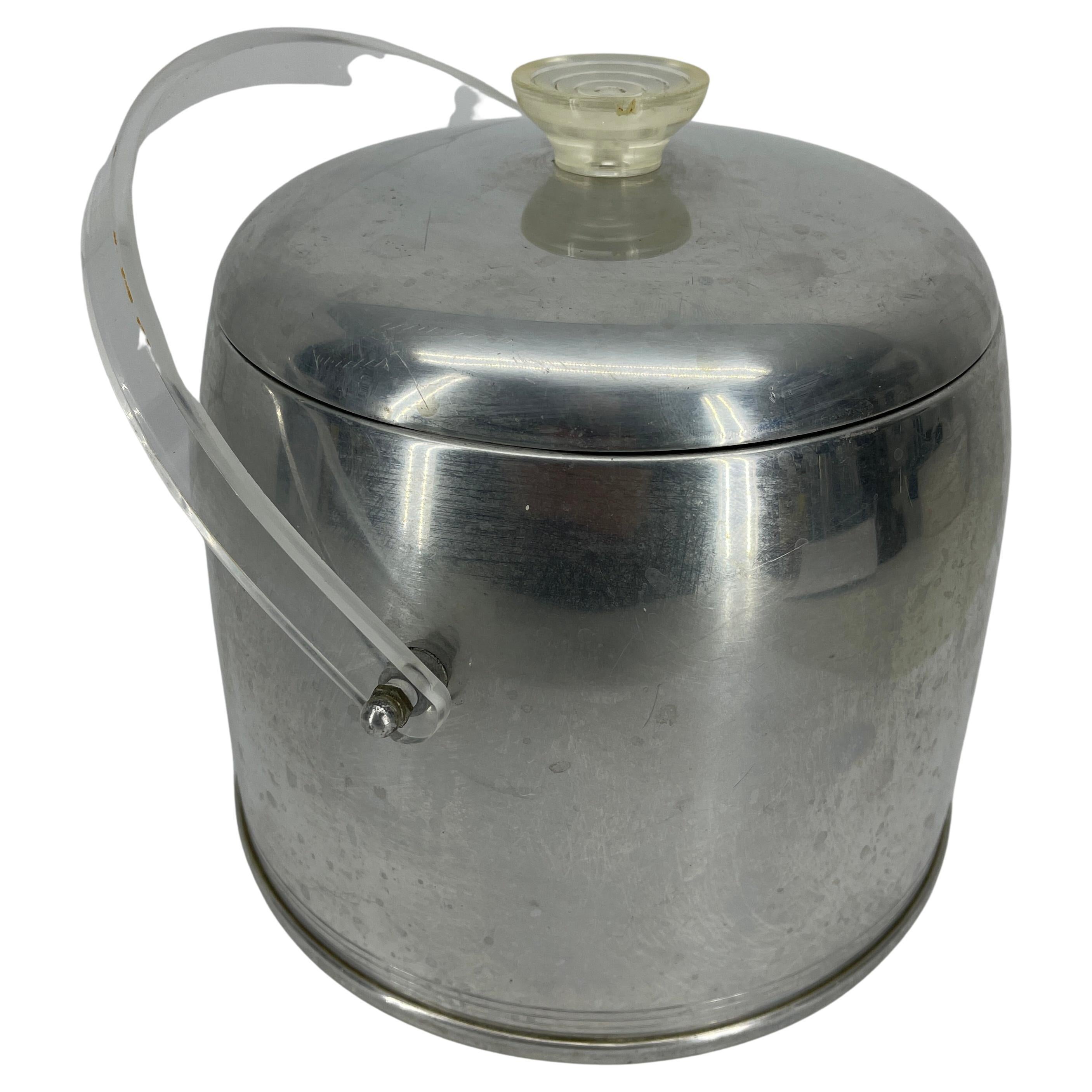 Vintage Aluminum Ice Bucket with and Lucite Handle, Mid-Century Modern