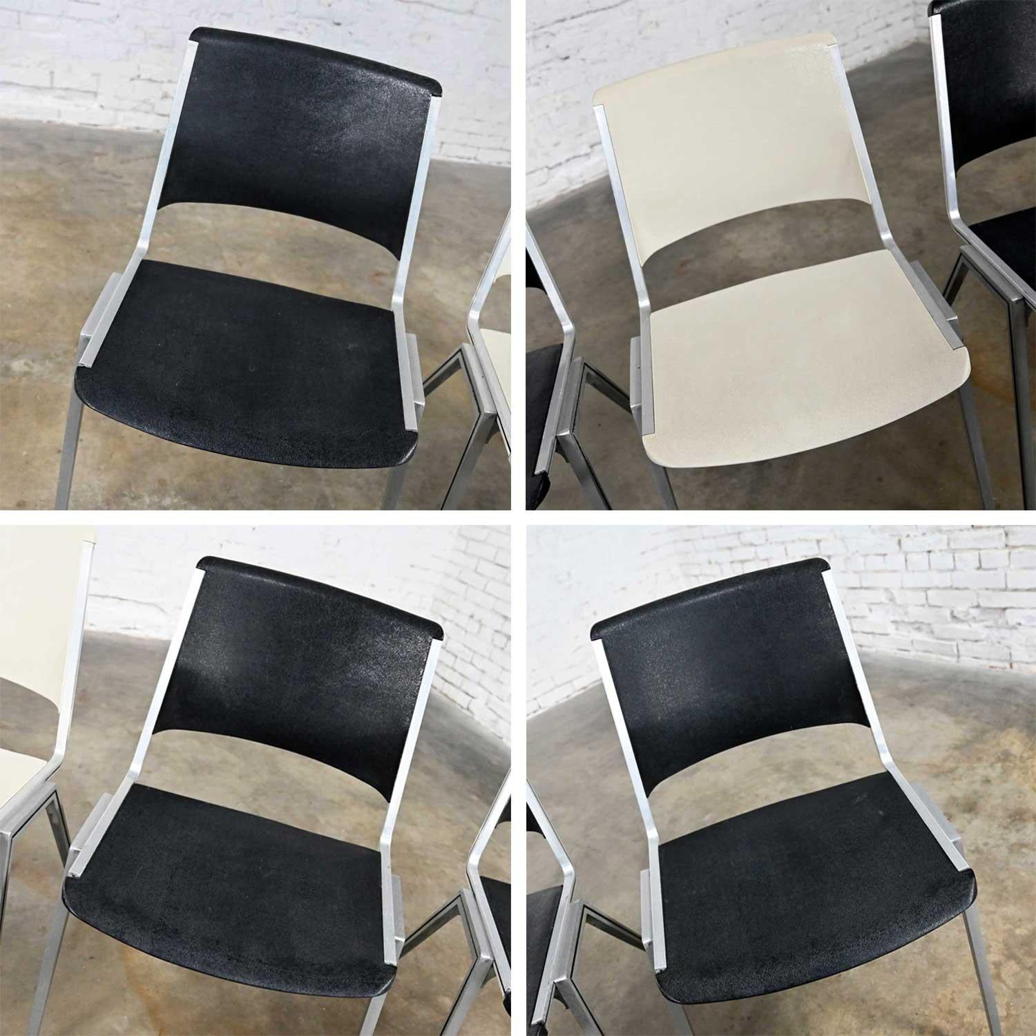 Vintage Aluminum Steelcase Stacking Chairs Model #1278 1 White 3 Black Set of 4 For Sale 5