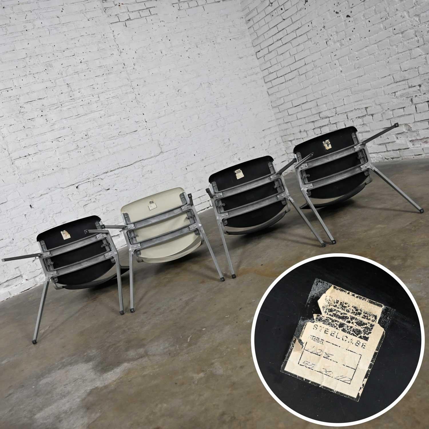 Vintage Aluminum Steelcase Stacking Chairs Model #1278 1 White 3 Black Set of 4 For Sale 6