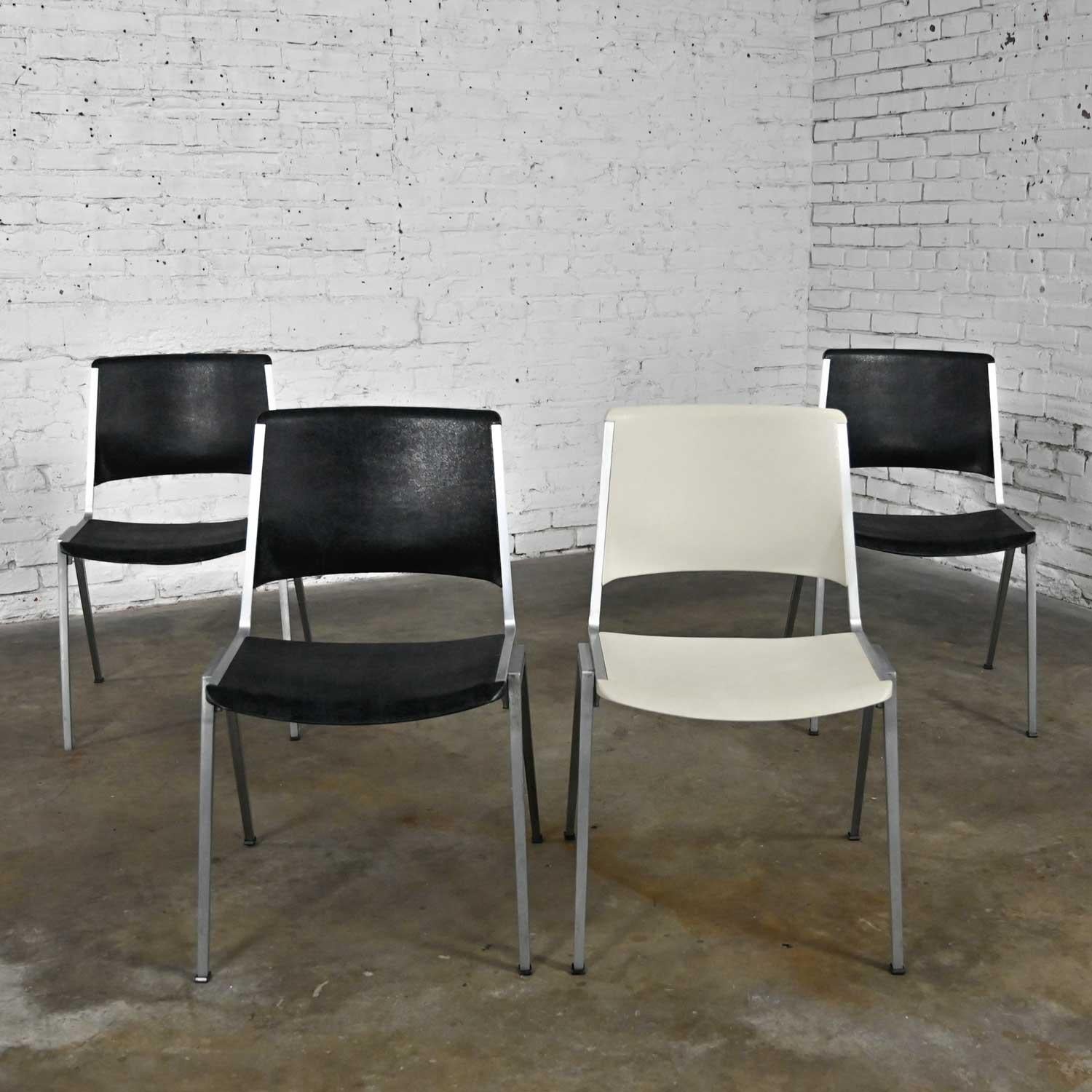 Vintage Aluminum Steelcase Stacking Chairs Model #1278 1 White 3 Black Set of 4 For Sale 7