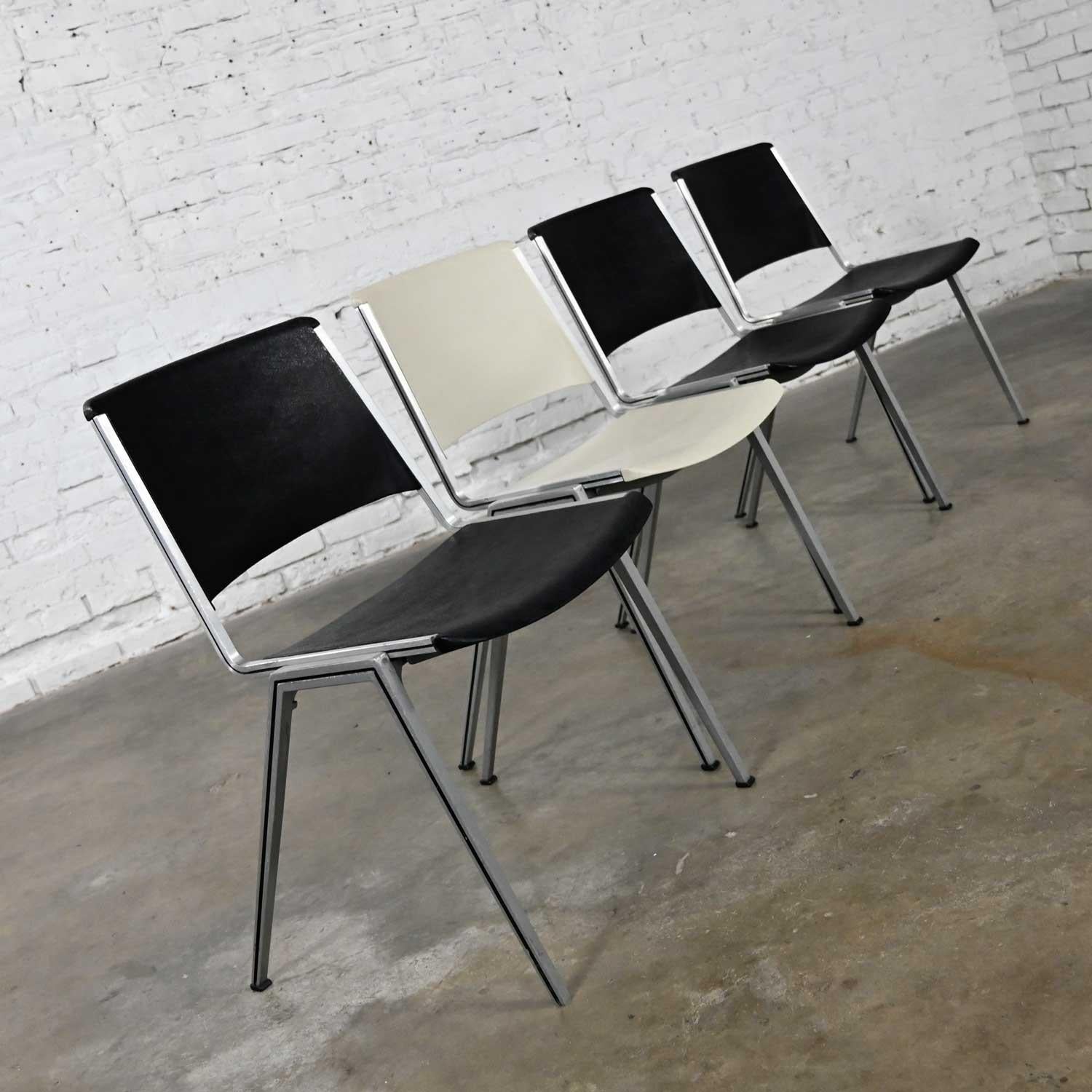 American Vintage Aluminum Steelcase Stacking Chairs Model #1278 1 White 3 Black Set of 4 For Sale