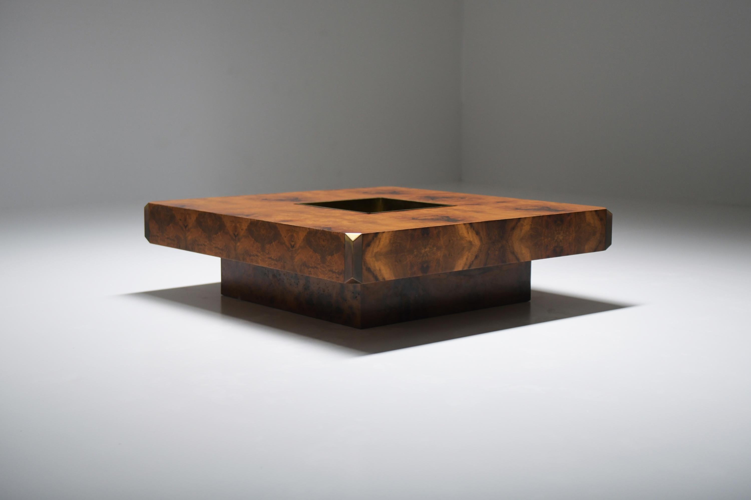 Wood Vintage Alveo square coffee table in burlwood by Willy Rizzo for Mario Sabot