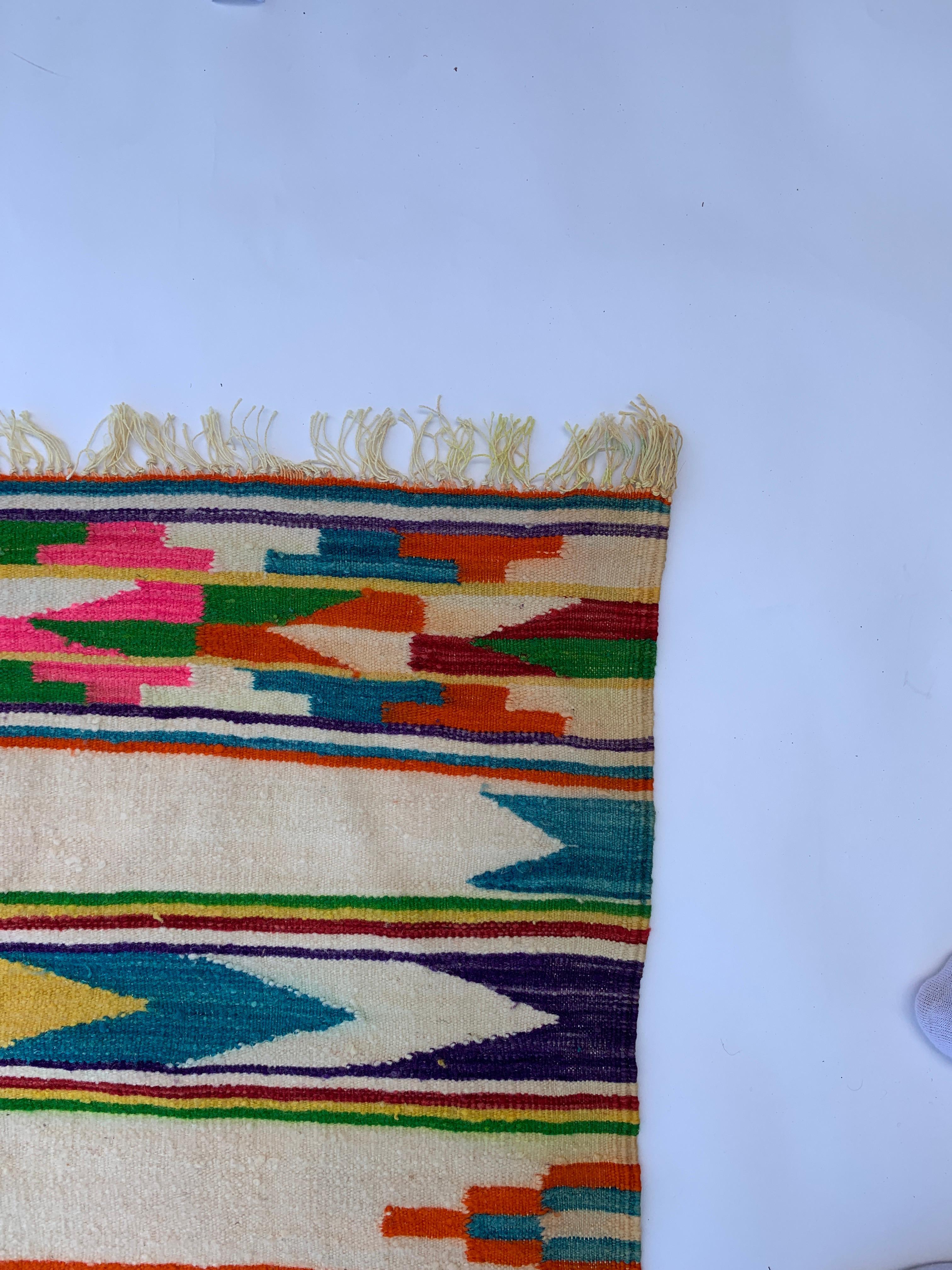 Vintage 1970s Boho Rug Berber Algerian Multicolored Geometrical Handmade Pink  For Sale 9