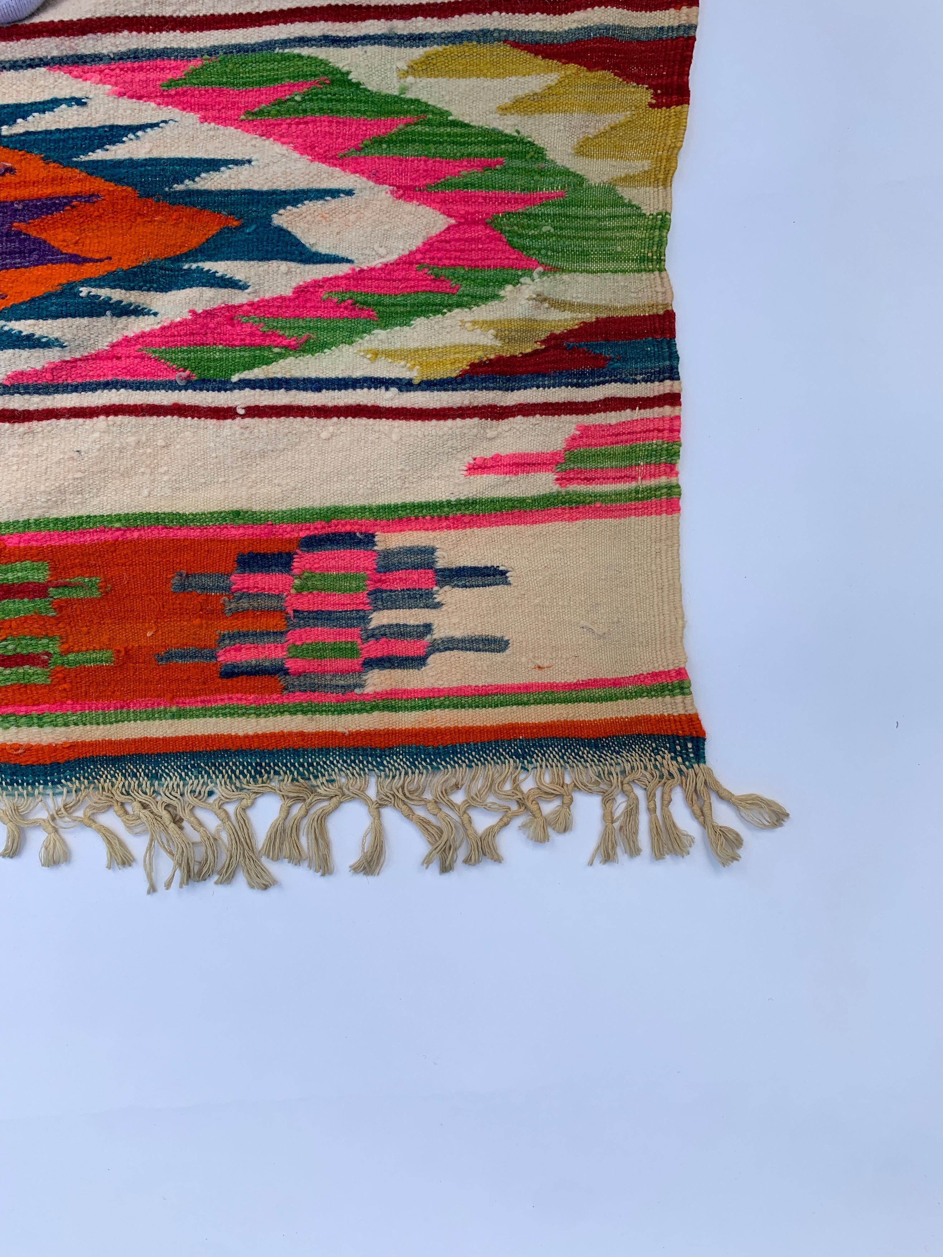 Vintage 1970s Boho Rug Berber Algerian Multicolored Geometrical Handmade Pink  For Sale 11