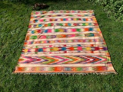 Tappeto vintage anni '70 Boho Berbero Algerino Multicolore Geometrico Fatto a mano Rosa