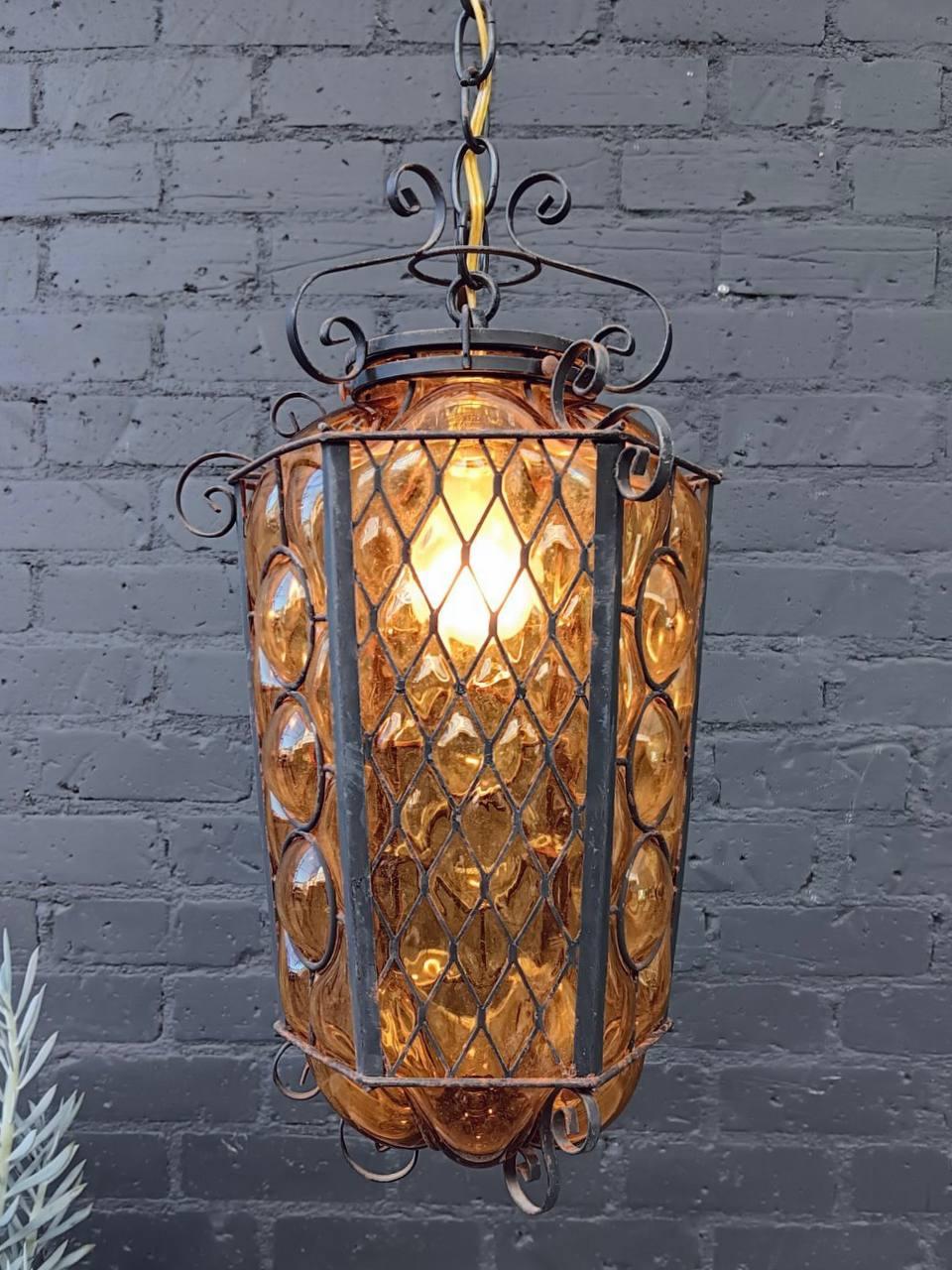 Art Nouveau Vintage Amber Bubble Glass & Iron Lantern Chandelier For Sale