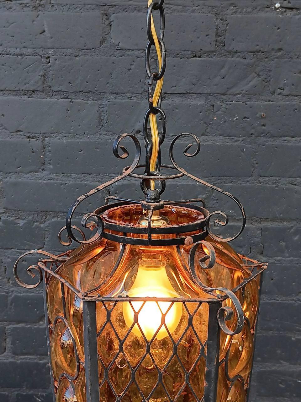 American Vintage Amber Bubble Glass & Iron Lantern Chandelier For Sale