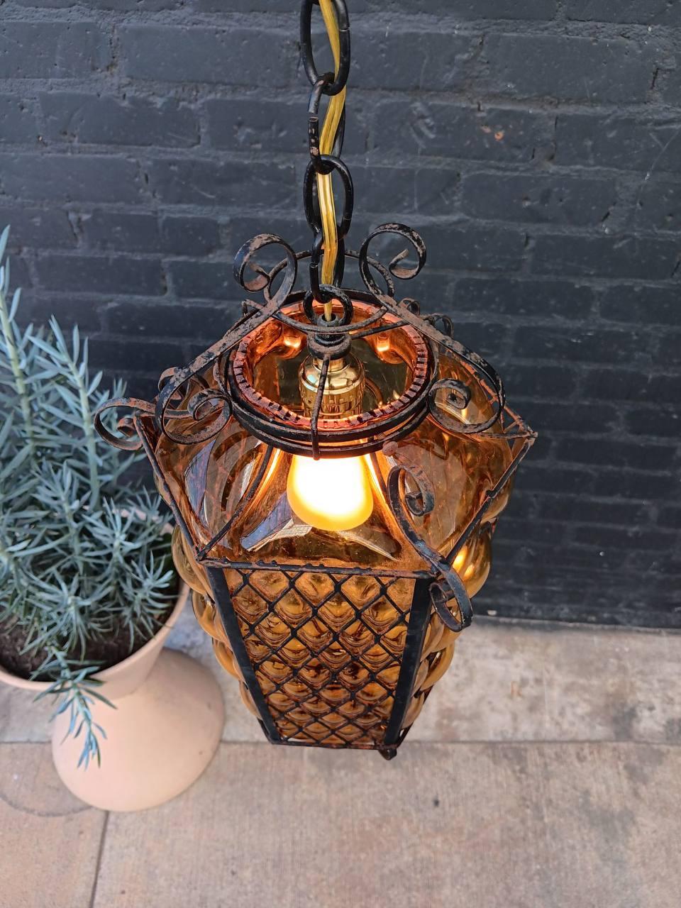 Vintage Amber Bubble Glass & Iron Lantern Chandelier In Good Condition For Sale In Los Angeles, CA