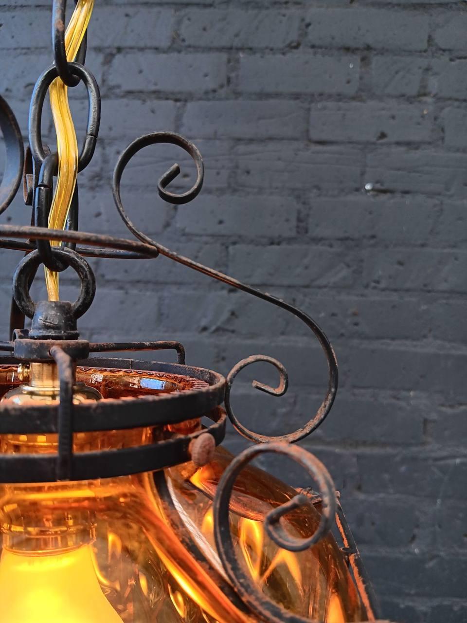 Late 20th Century Vintage Amber Bubble Glass & Iron Lantern Chandelier For Sale