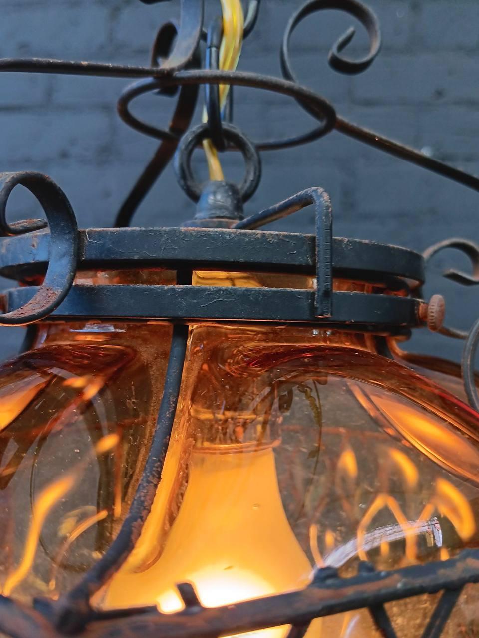 Vintage Amber Bubble Glass & Iron Lantern Chandelier For Sale 3