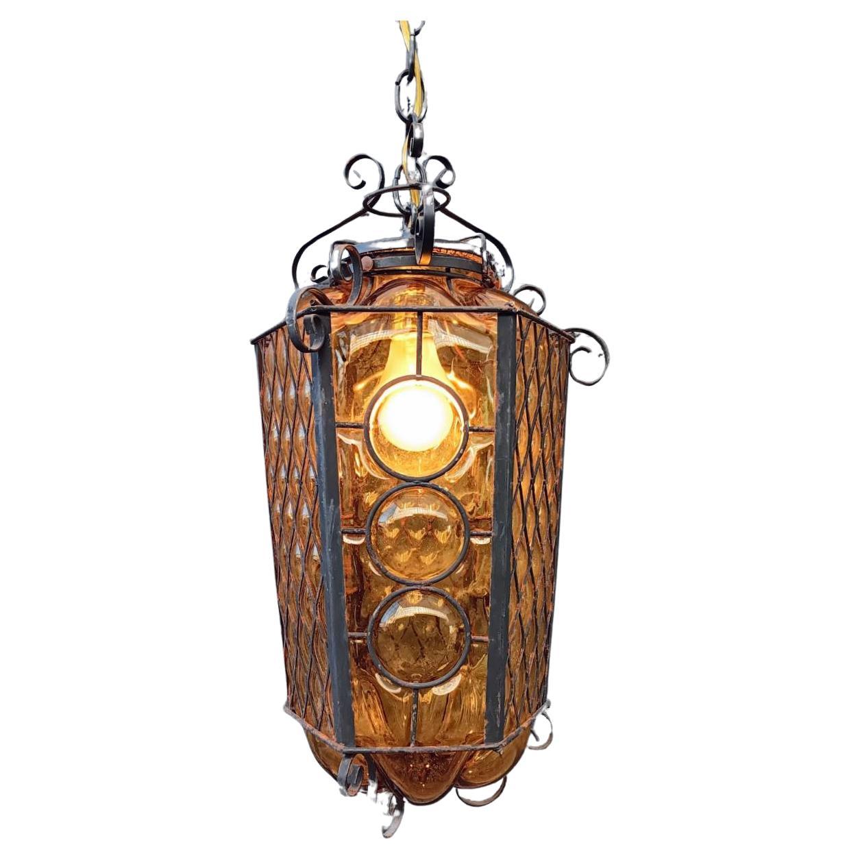 Vintage Amber Bubble Glass & Iron Lantern Chandelier For Sale
