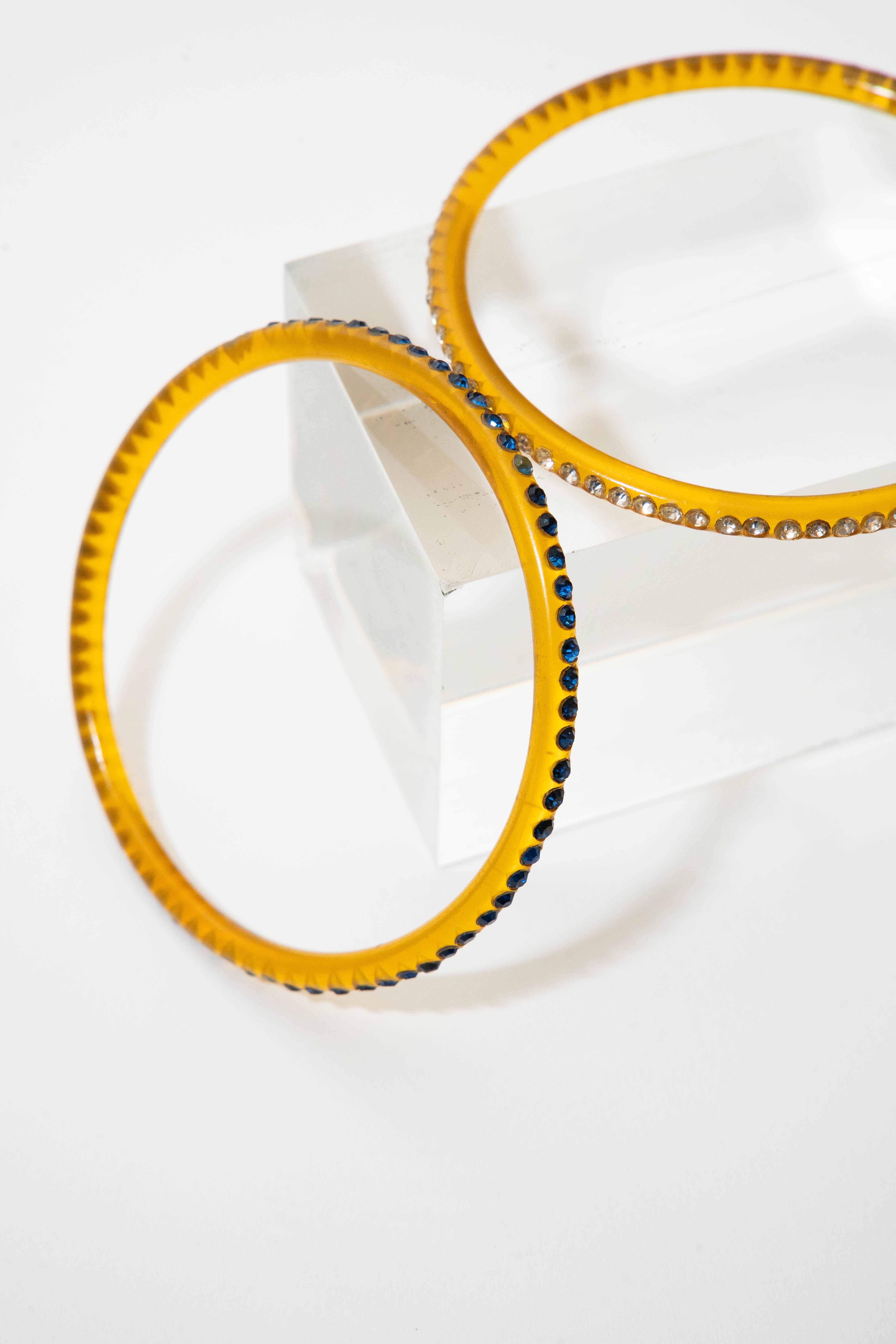 Brown Vintage Amber Celluloid and Rhinestone Thin Bangle Bracelets Set of 3 For Sale