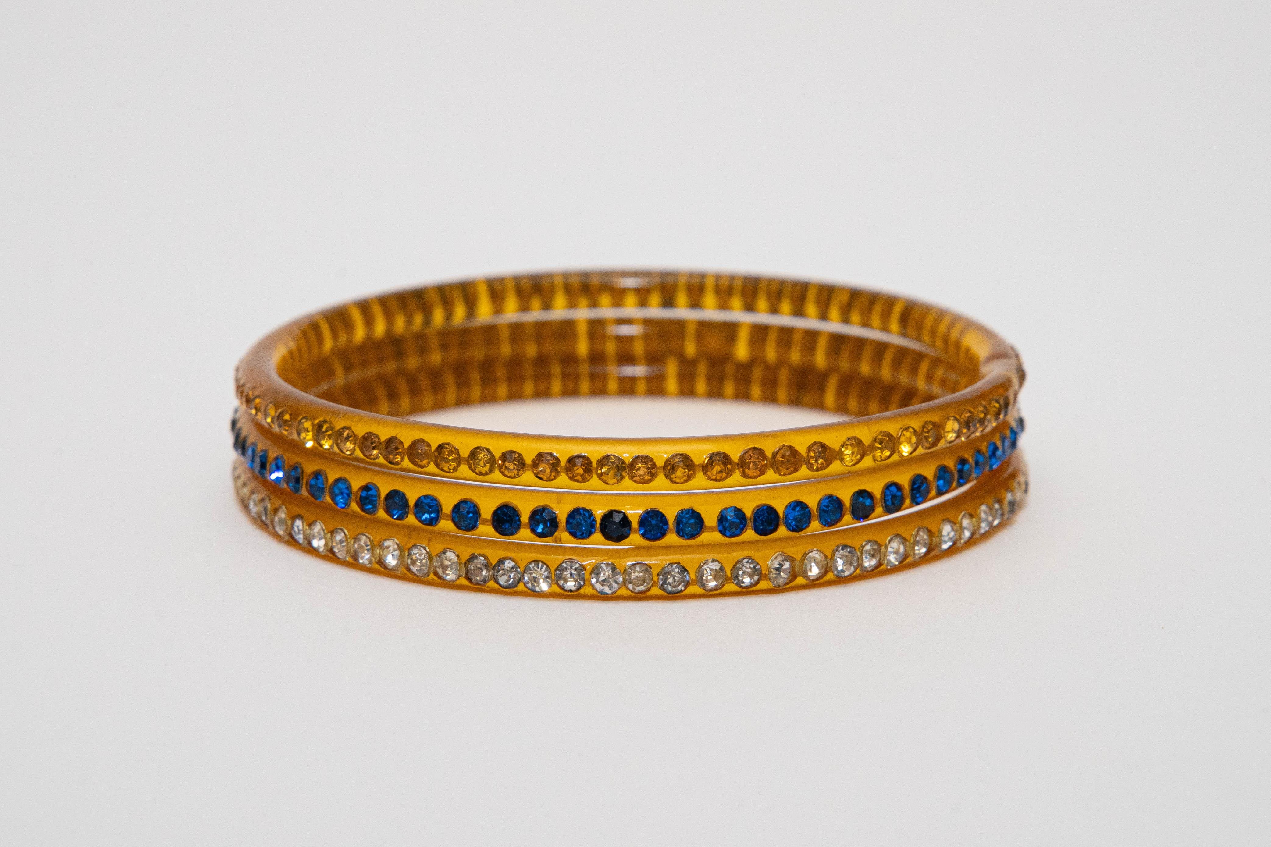 Women's Vintage Amber Celluloid and Rhinestone Thin Bangle Bracelets Set of 3 For Sale
