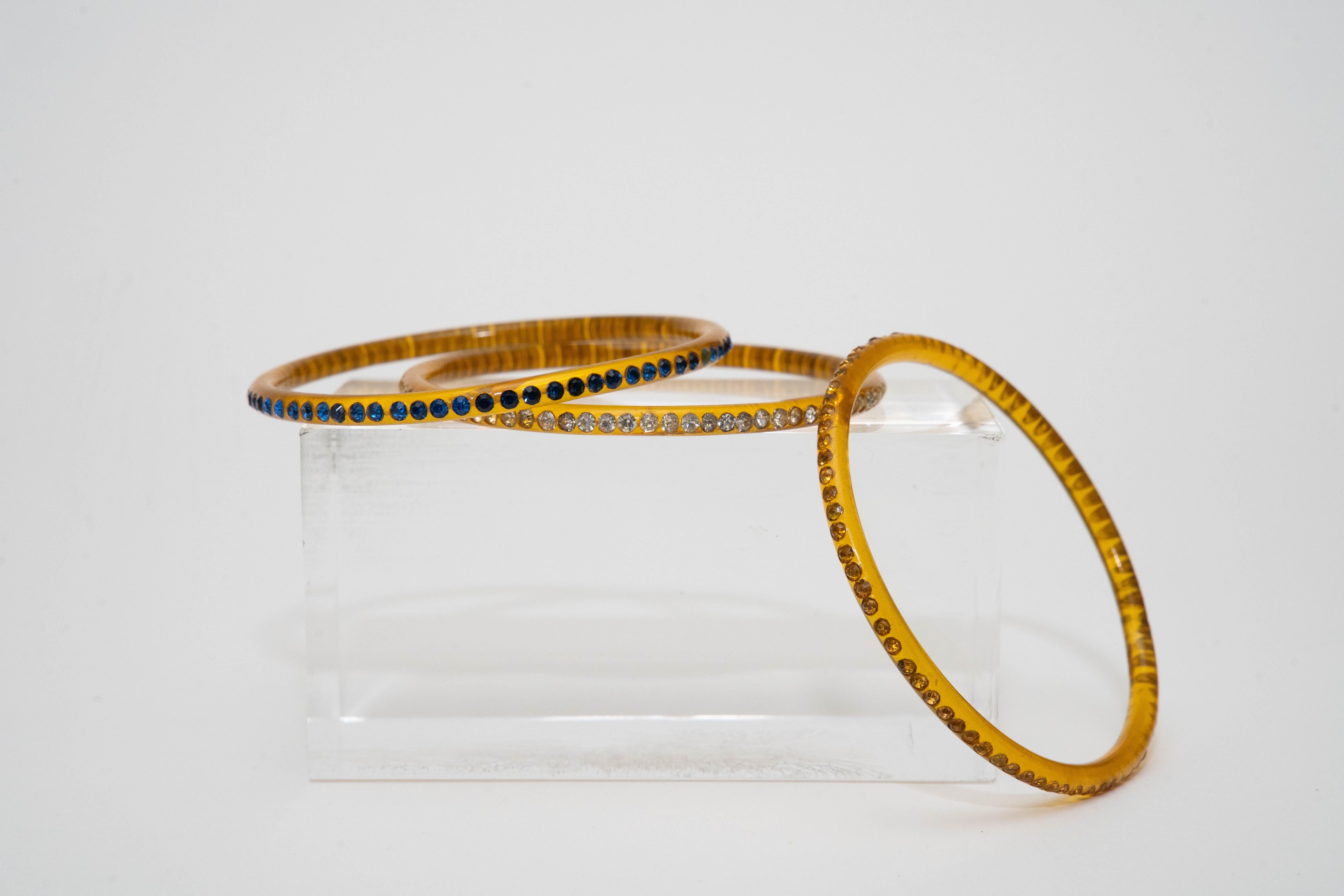 Vintage Amber Celluloid and Rhinestone Thin Bangle Bracelets Set of 3 For Sale 1