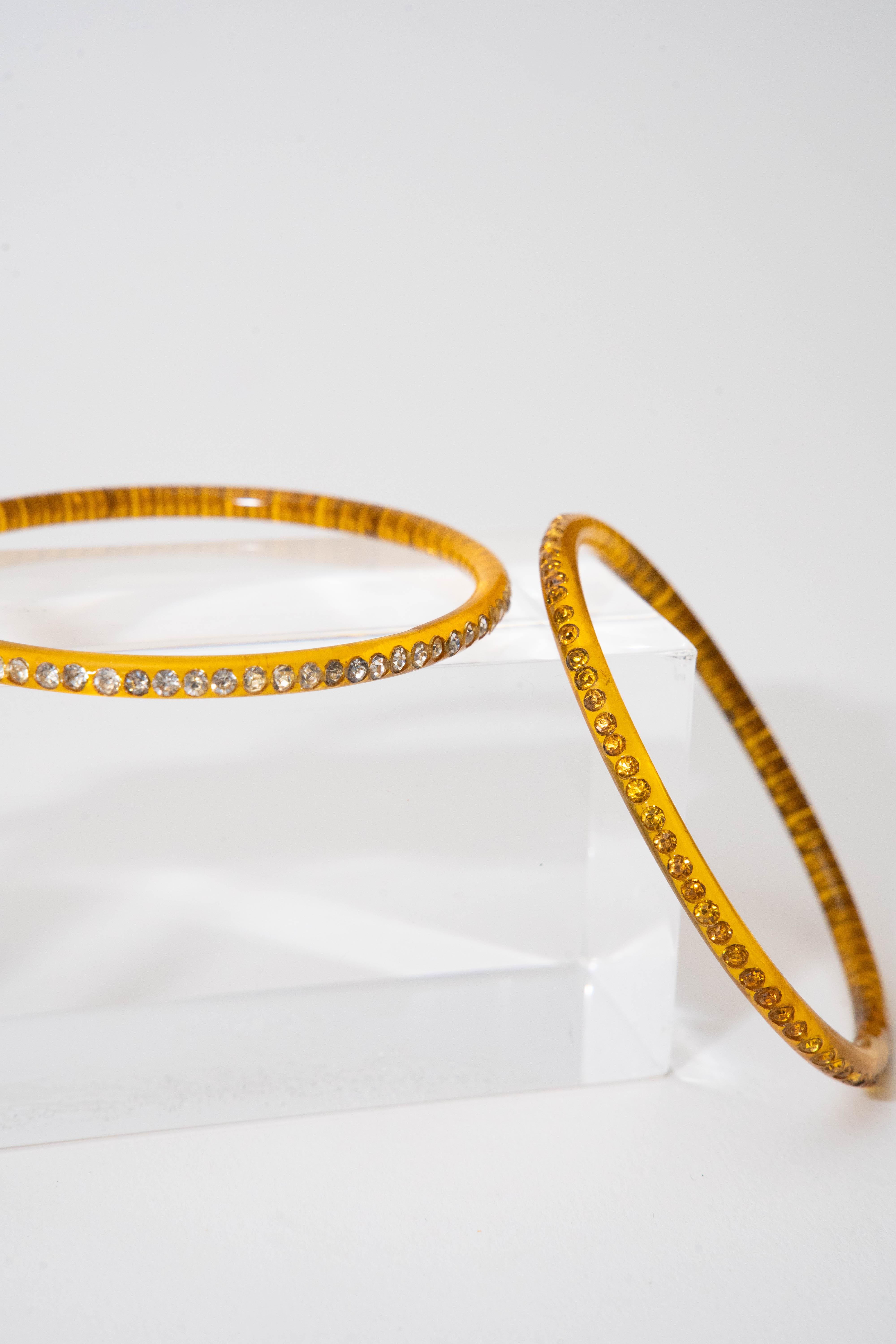 Vintage Amber Celluloid and Rhinestone Thin Bangle Bracelets Set of 3 For Sale 2