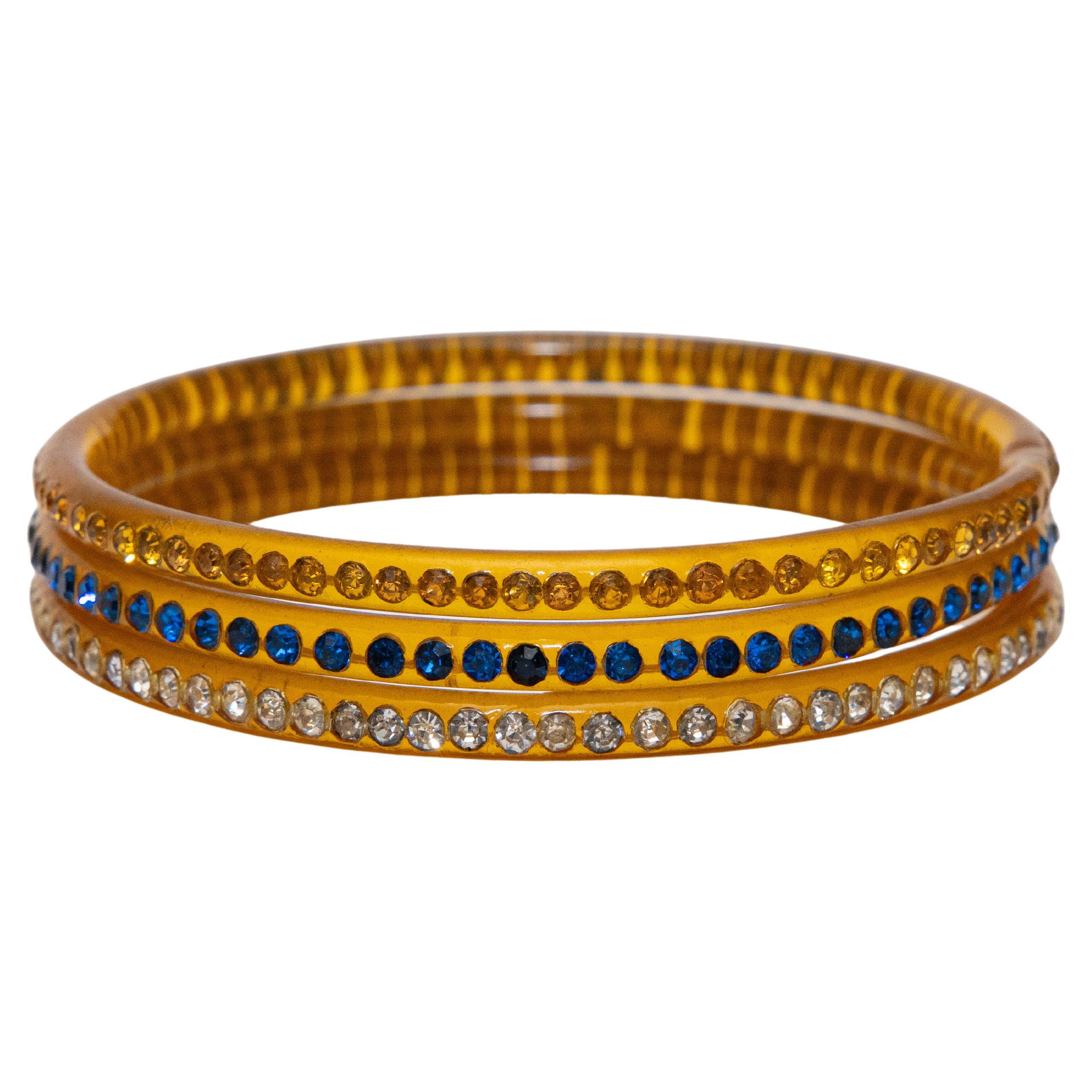 Vintage Amber Celluloid and Rhinestone Thin Bangle Bracelets Set of 3 For Sale