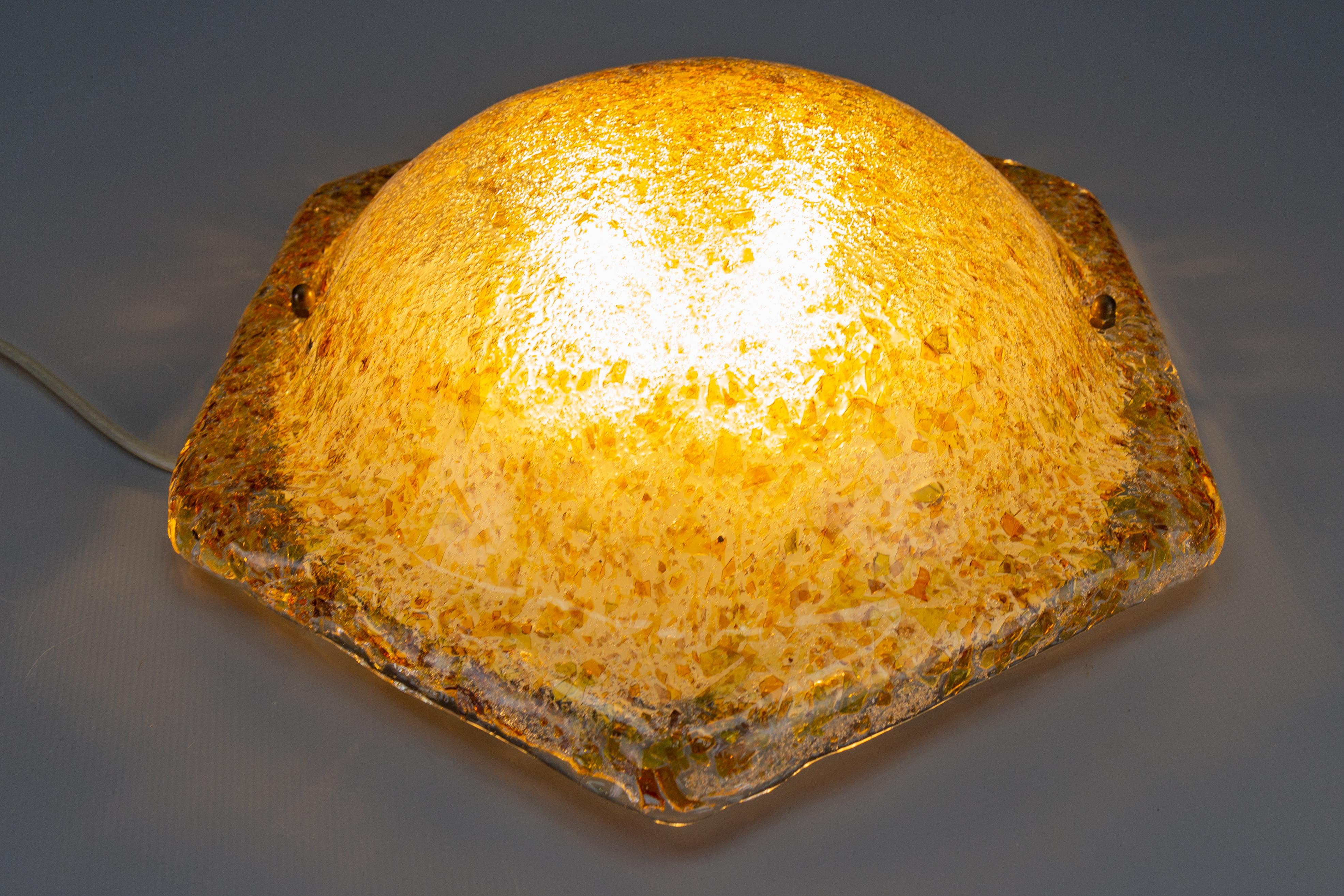 German Vintage Amber Color Ice Glass Hexagonal Flush Mount, 1970s For Sale