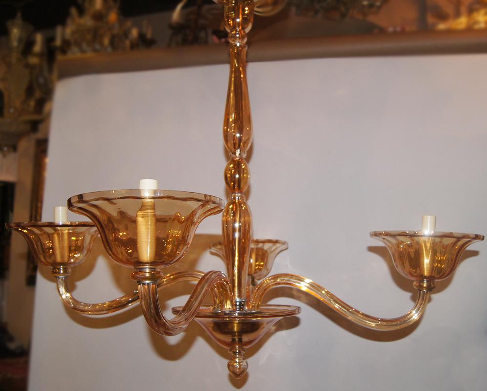 A blown Murano glass chandelier, amber color, circa 1940.