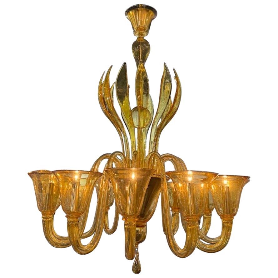 Lampadario vintage in vetro di Murano color ambra con 12 braccia