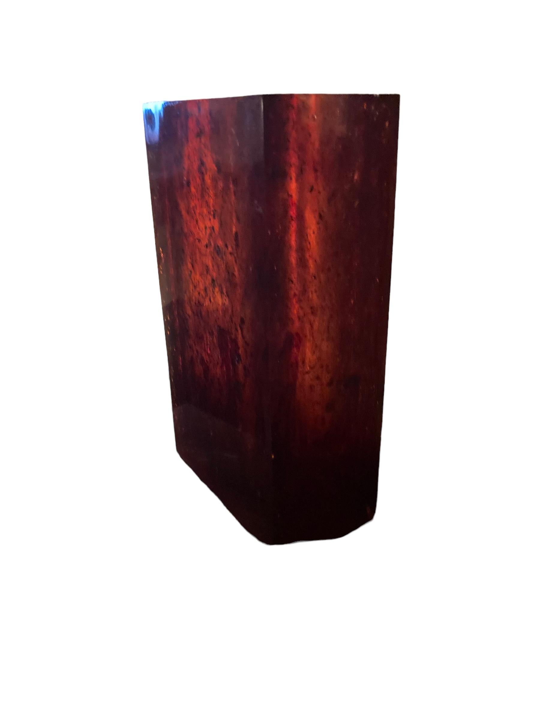 A Vintage Amber coloured Rectangualr Vase from Paris, made from resin this can be used as a vase, wine cooler or decorative object. In the style of Marther Sturdy this fits in with Mid Century or any other vintage room design.

H: 41 cm

W: 25