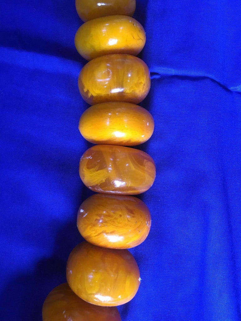 20th Century 1960s Amber Copal Moroccan Statement Necklace, Large Silver Enamel Egg Bead For Sale