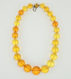 Vintage Amber Faceted Acrylic Bead Necklace With Sterling Clasp