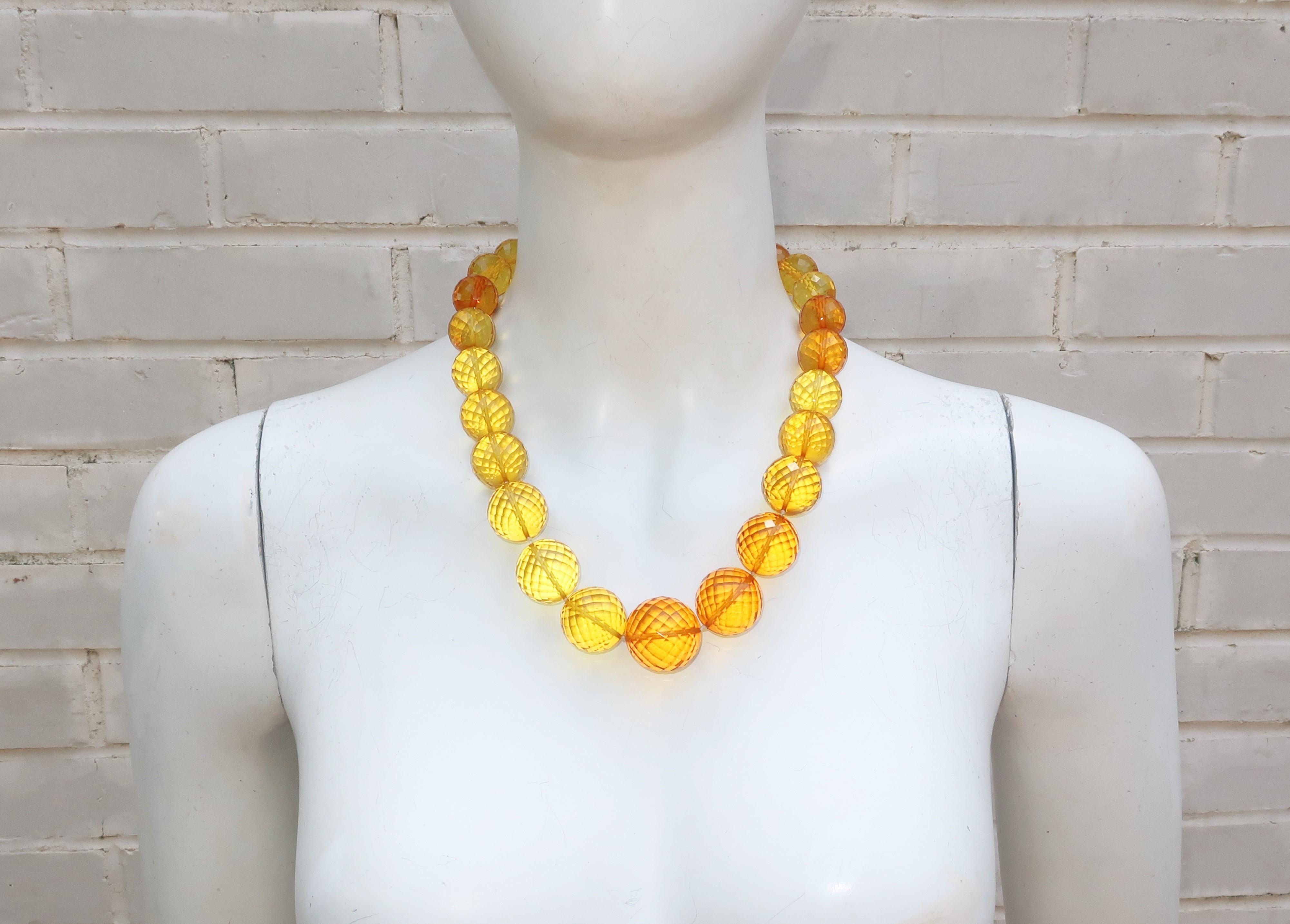 Modern Vintage Amber Faceted Acrylic Bead Necklace With Sterling Clasp