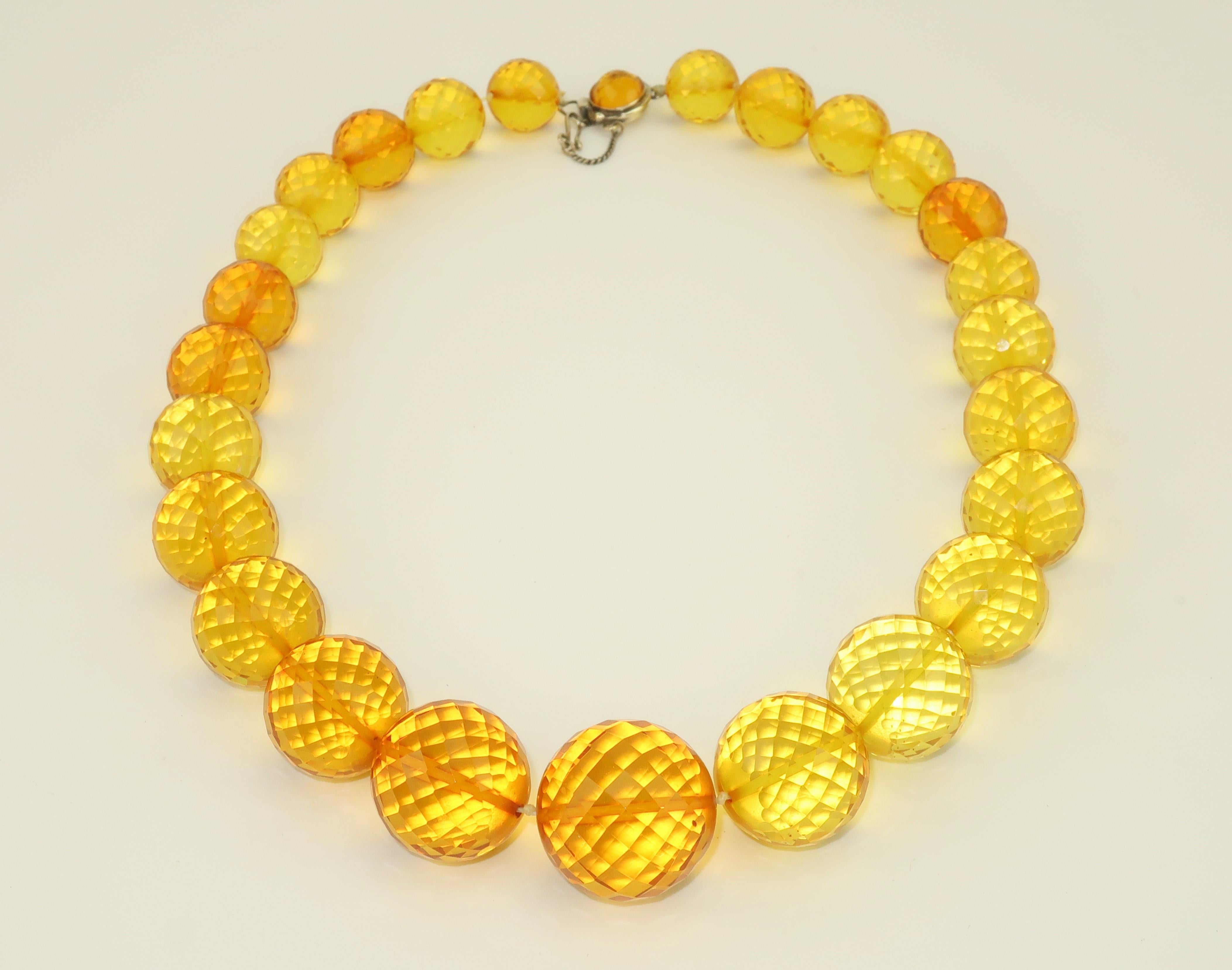 Vintage Amber Faceted Acrylic Bead Necklace With Sterling Clasp In Good Condition In Atlanta, GA