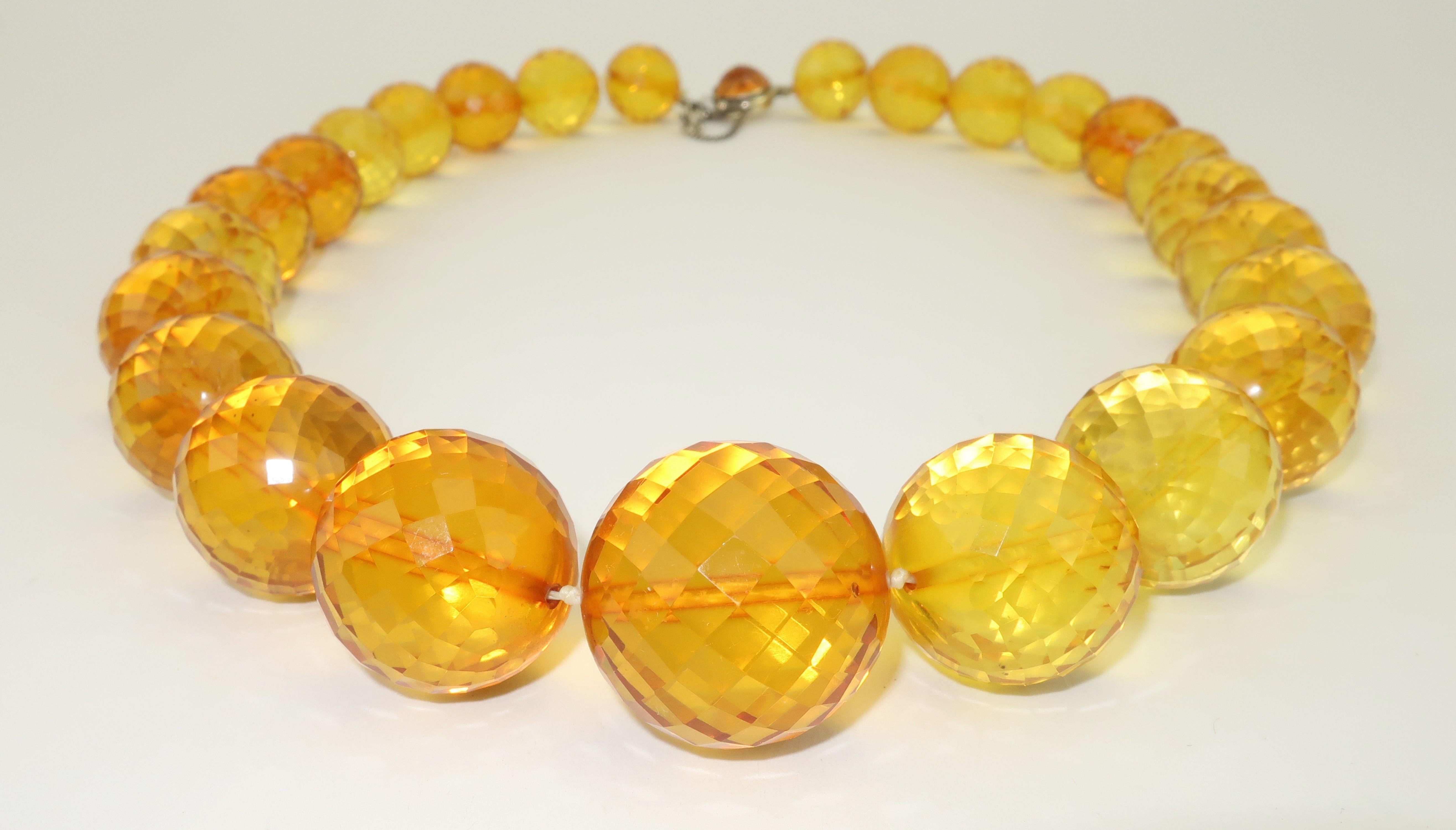 Women's Vintage Amber Faceted Acrylic Bead Necklace With Sterling Clasp