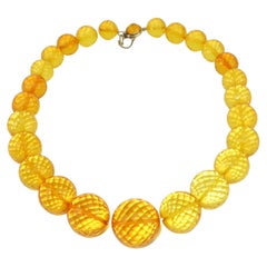 Vintage Amber Faceted Acrylic Bead Necklace With Sterling Clasp