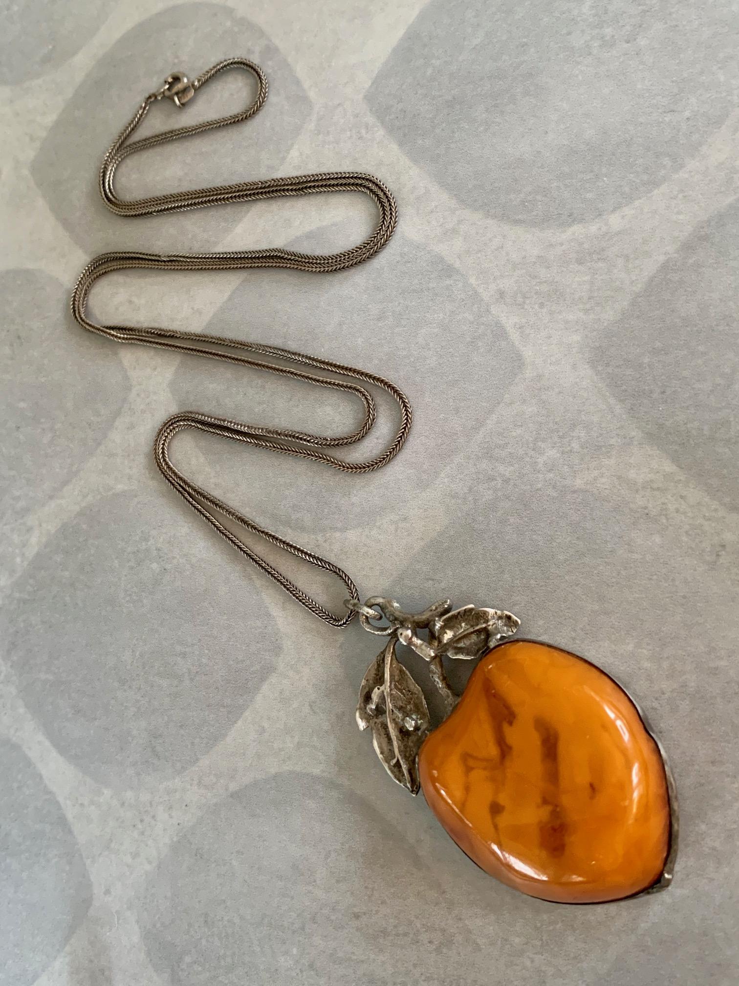 Uncut Vintage Amber Fruit Pendant Long Sterling Silver Fox Tail Chain Necklace
