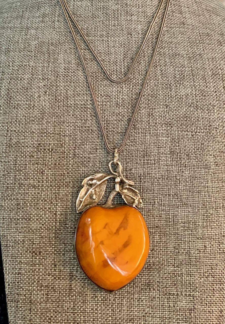 Women's Vintage Amber Fruit Pendant Long Sterling Silver Fox Tail Chain Necklace