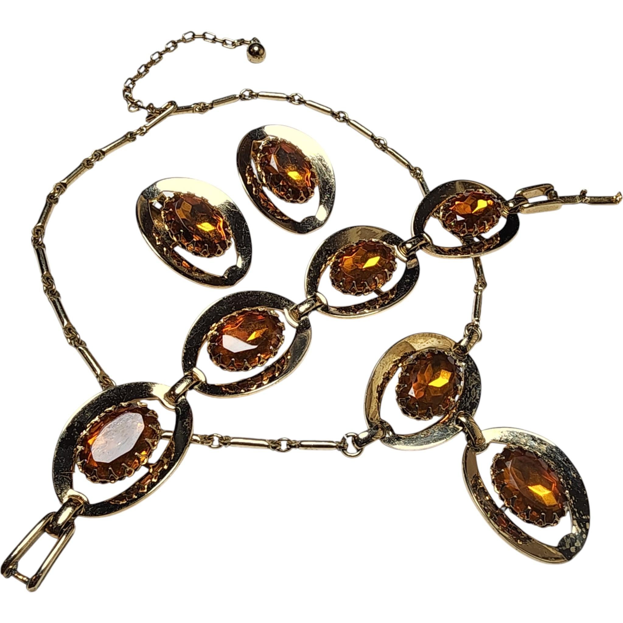 Parure vintage de 3 piezas de vidrio ámbar - collar, pulsera y pendientes, años 60 Art Decó en venta