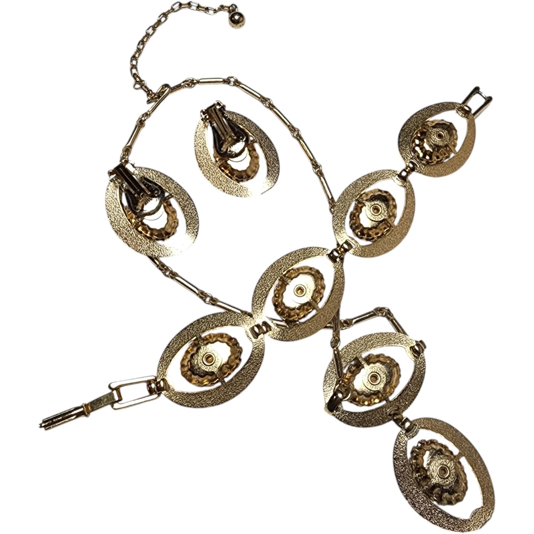 Parure vintage de 3 piezas de vidrio ámbar - collar, pulsera y pendientes, años 60 Cabujón en venta