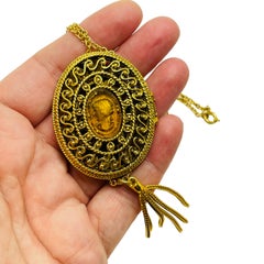 Vintage amber glass cameo gold designer chain tassel pendant locket necklace