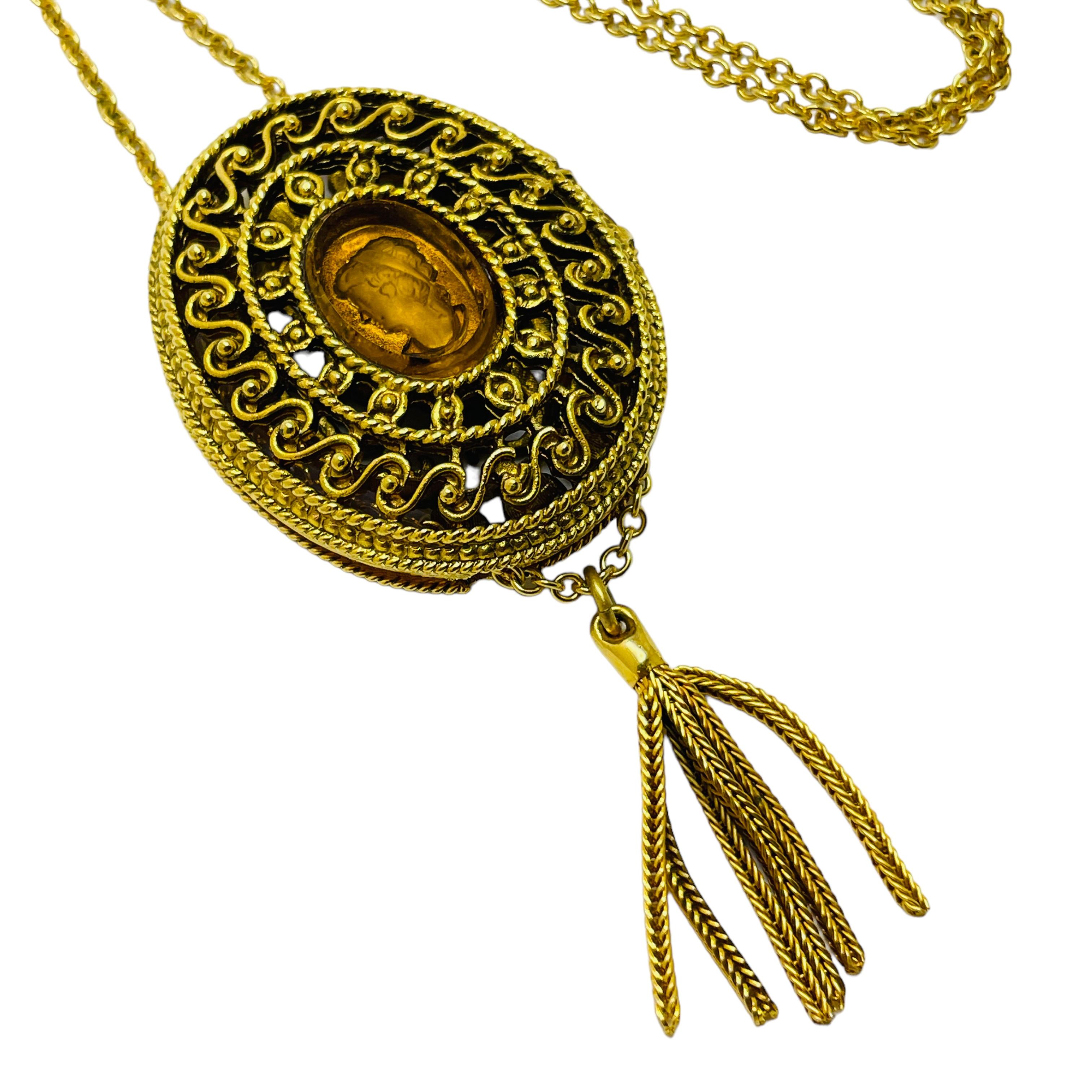 Women's or Men's Vintage amber glass cameo gold designer chain tassel pendant locket necklace For Sale