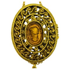 Vintage amber glass cameo gold designer chain tassel pendant locket necklace